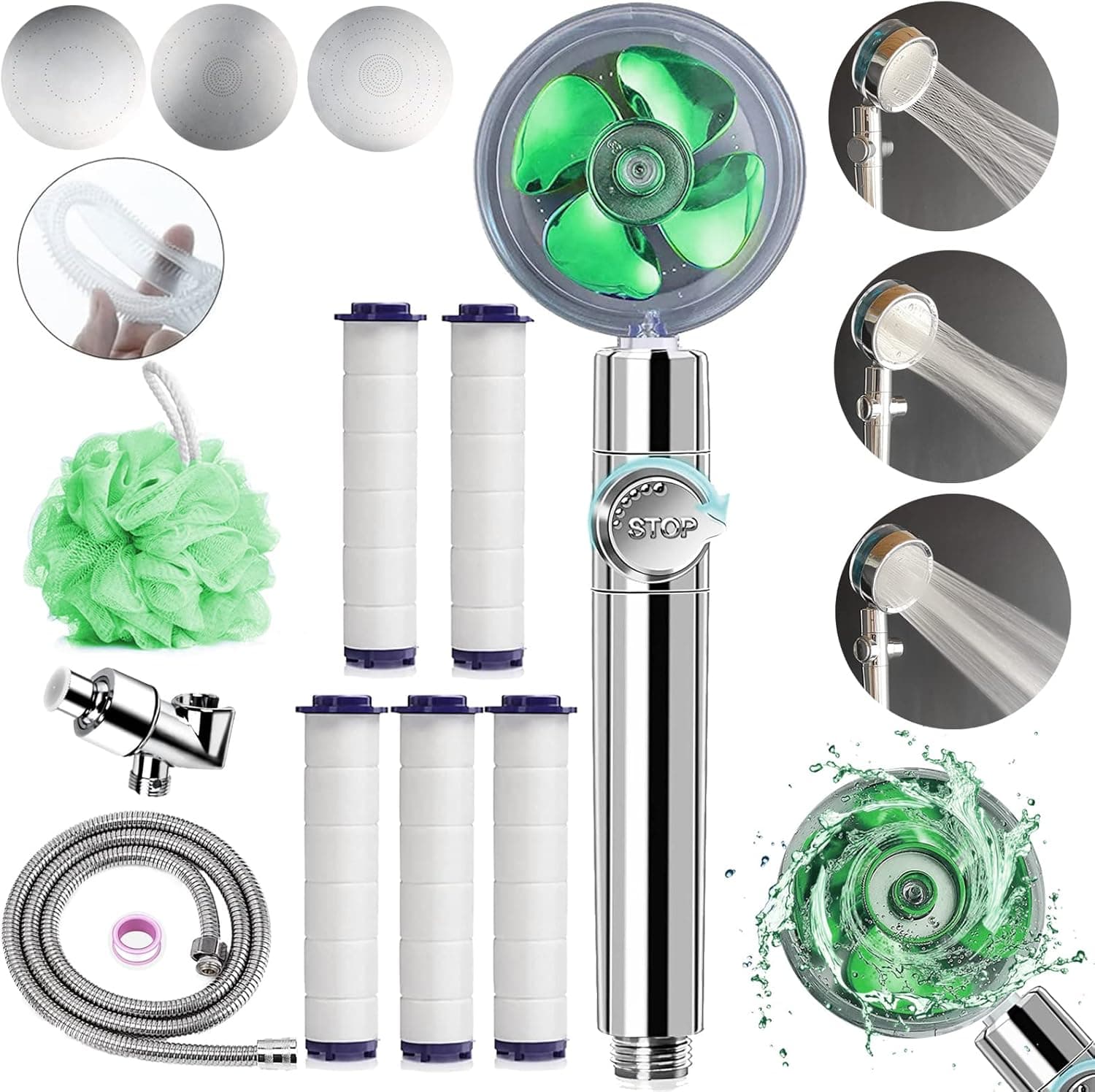 Upgrade Hydro Shower Jet Head High Pressure Hydrojet Shower Head Propeller Driven Vortex Handheld Shower Head Kit with Replacement Accessories, 3 Water Panels for Different Experience-Green