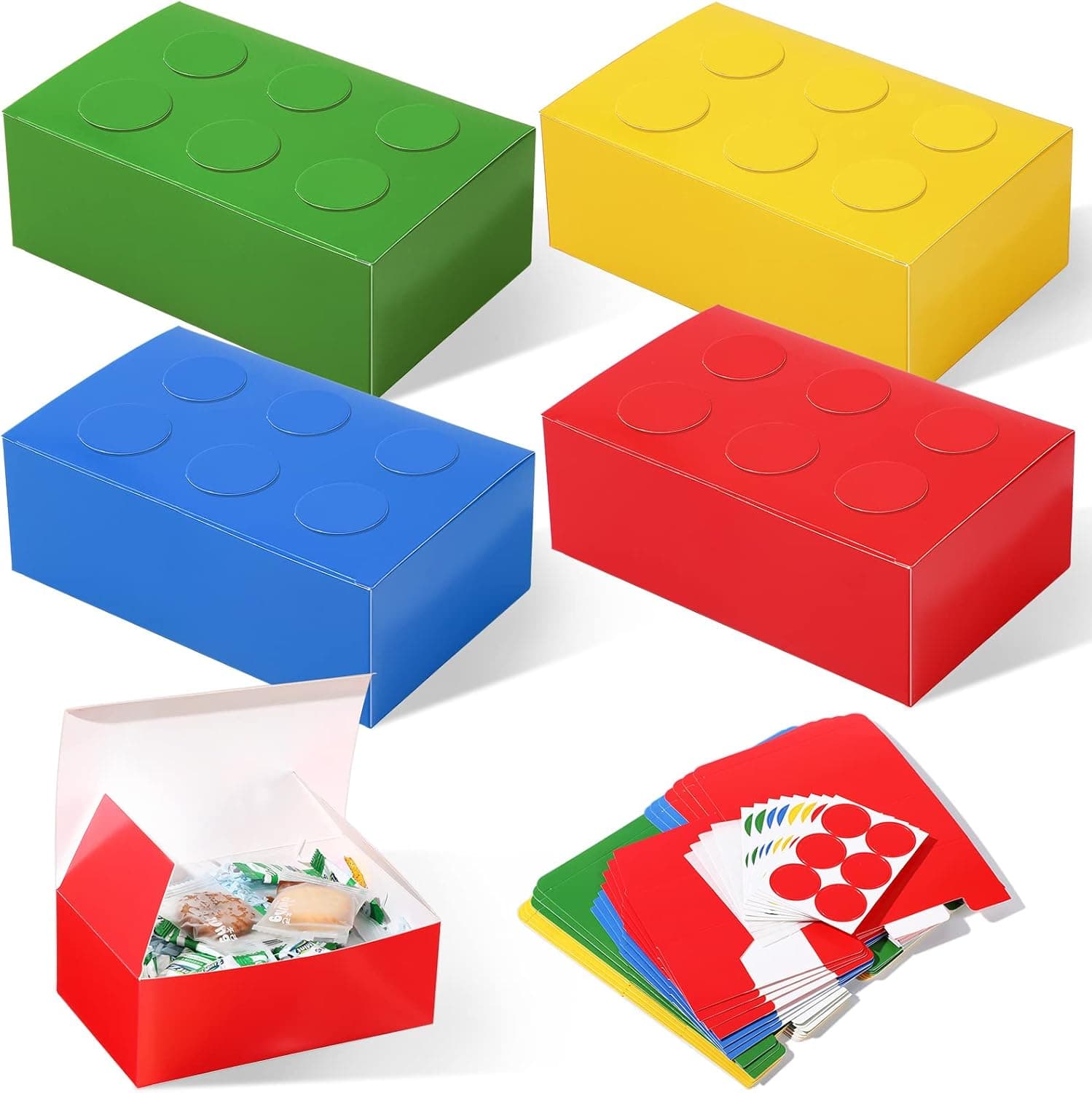 Leinuosen 24 Pieces Building Block Party Favor Boxes Brick Theme Party Gift Goodie Treat Boxes Colors Cardboard Paper Box with Handle for Building Block Birthday Party Baby Shower Decoration Supplies