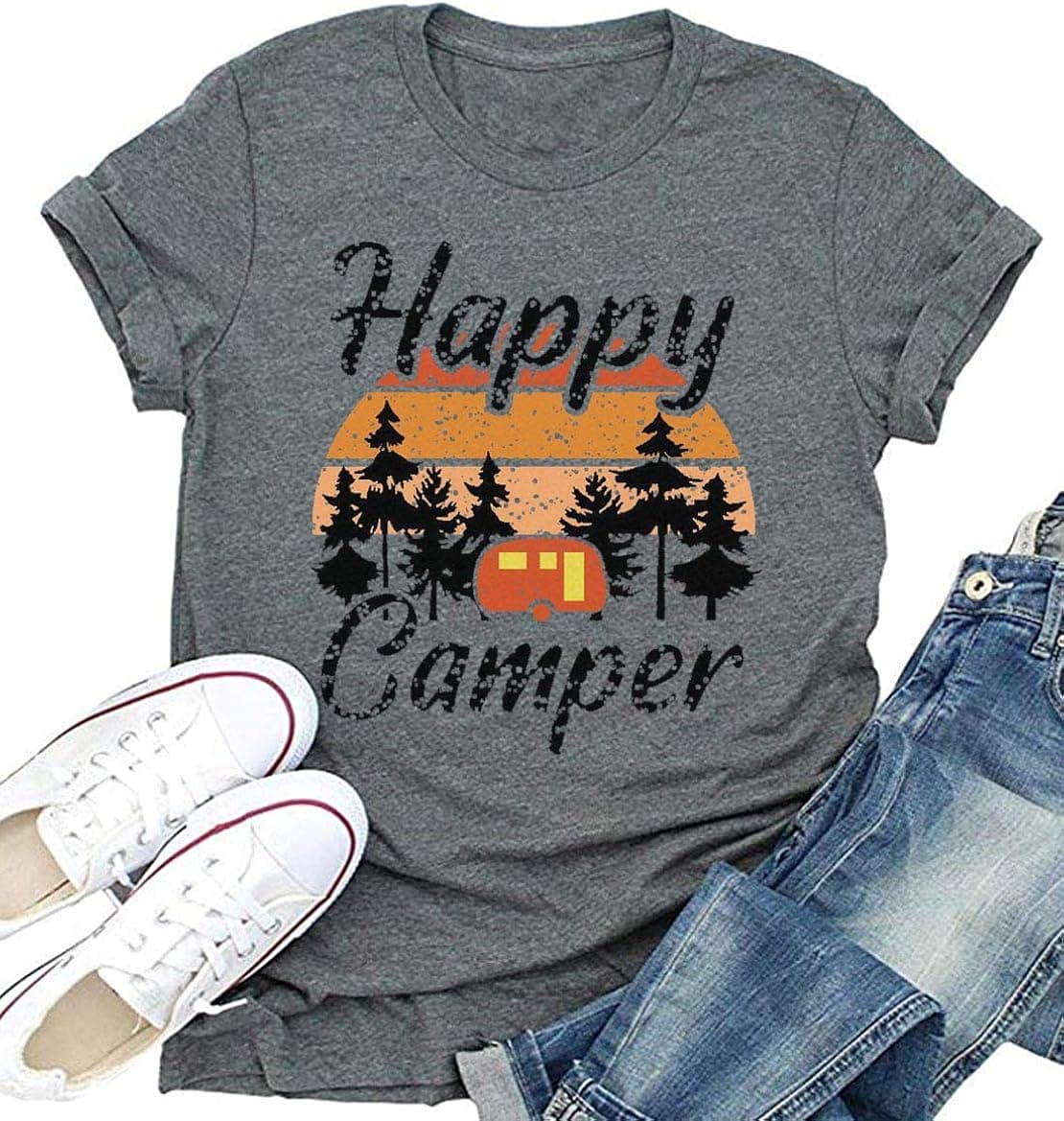 Happy Camper Shirt Womens Cute Camping Graphic Tees Hiking Gift Shirt Short Sleeve T-Shirt Tops … (Grey, Medium)