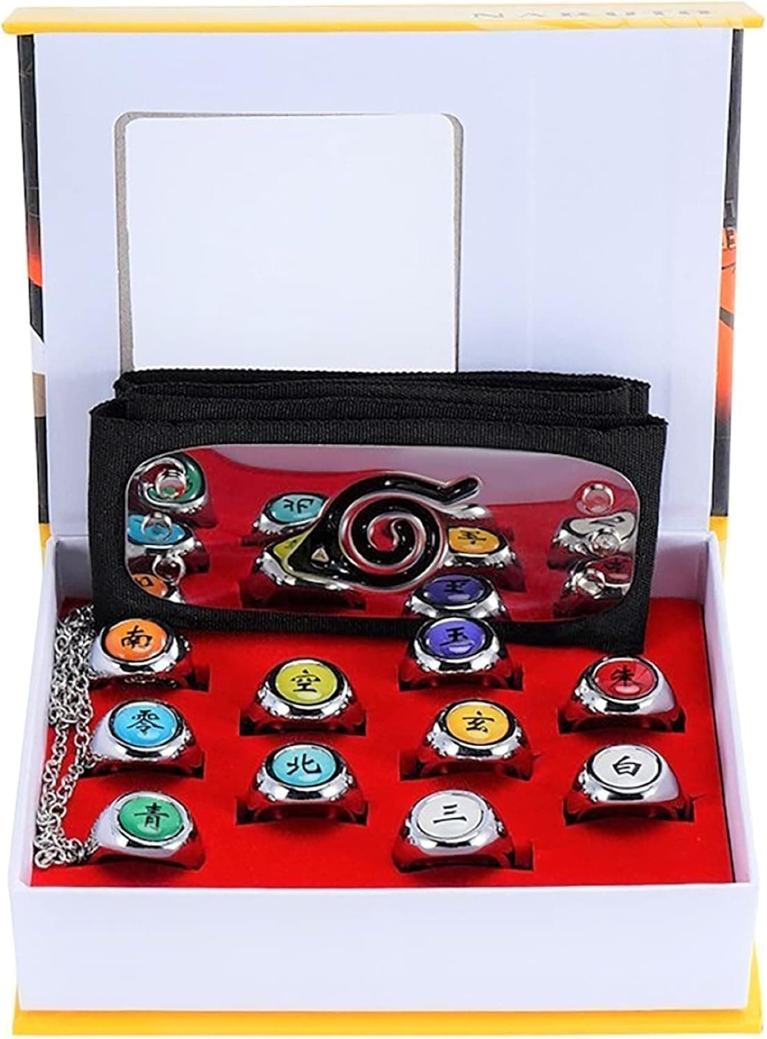 Akatsuki Rings Set 10pcs With Hairband and Chain Cosplay Itachi Sharingan Box