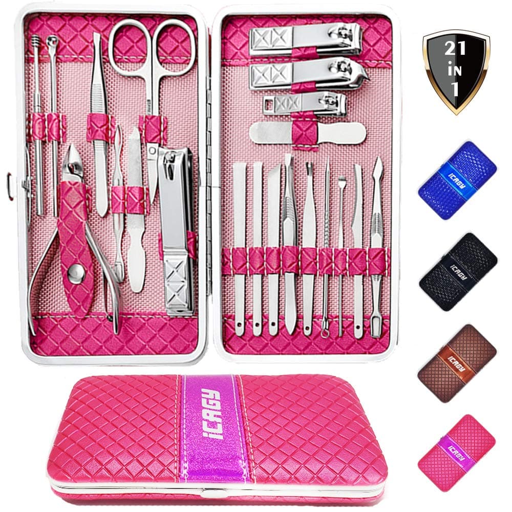 iCAGY Nail Clippers Manicure Pedicure Set Grooming Kit Stainless Steel Professional Tools for Men Women Home Travel Gift, 21 in 1 Pink Case