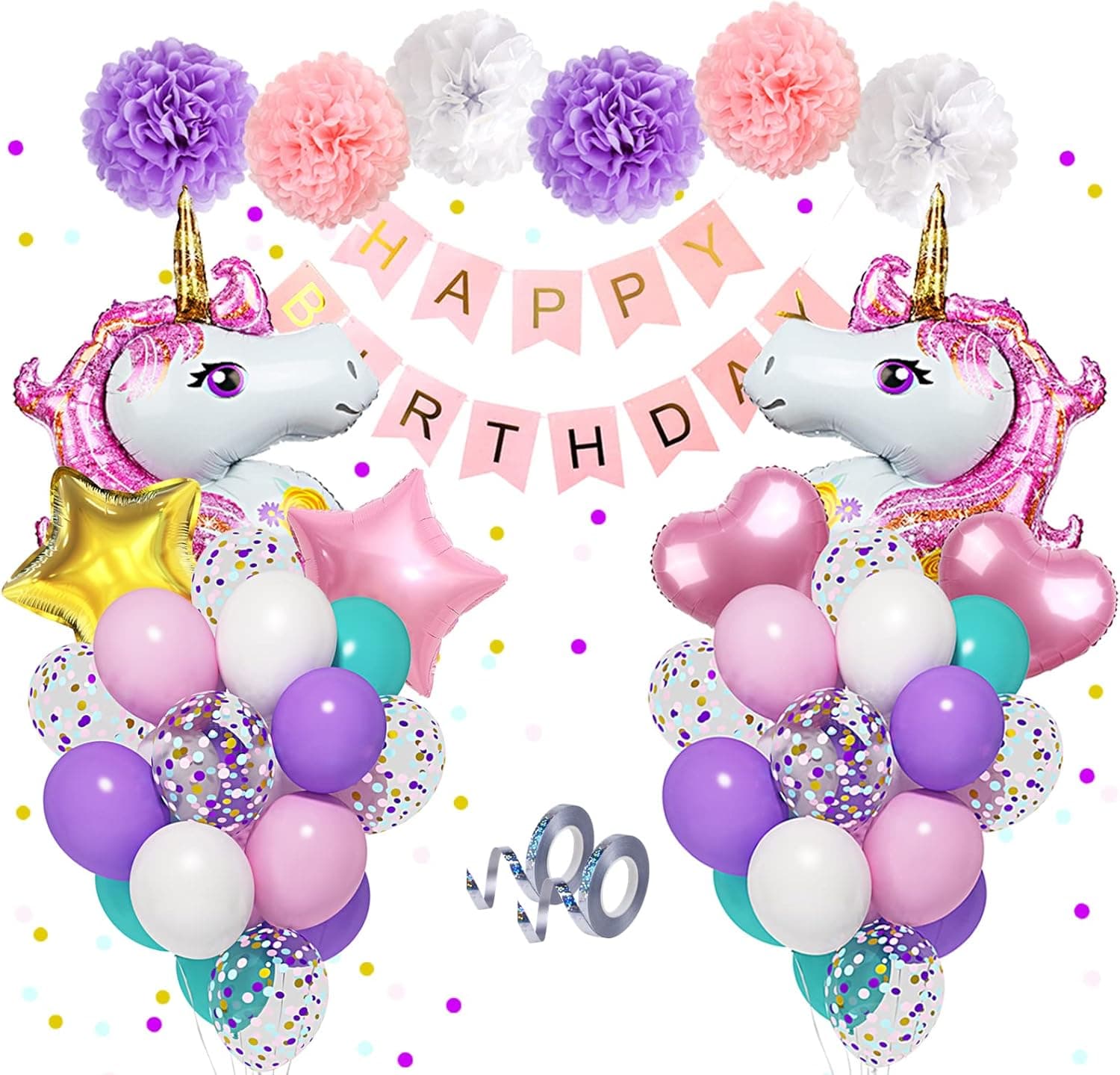 Amandir Unicorn Birthday Decorations for Girls, Large Unicorn Balloons Purple Pink Balloons Latex Confetti Balloons Happy Birthday Banner Paper Flowers for Unicorn Birthday Party Supplies &2 Ribbons