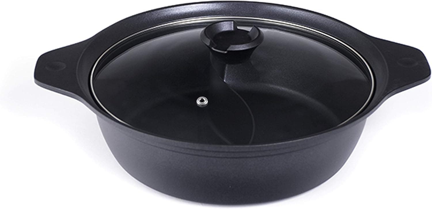 Fuji Merchandise Corp Dual Flavor Shabu Shabu Hot Pot 10 inch Induction Diameter Dual Sided Yin yang Hot Pot Aluminum Pot 2 in 1 Flavor