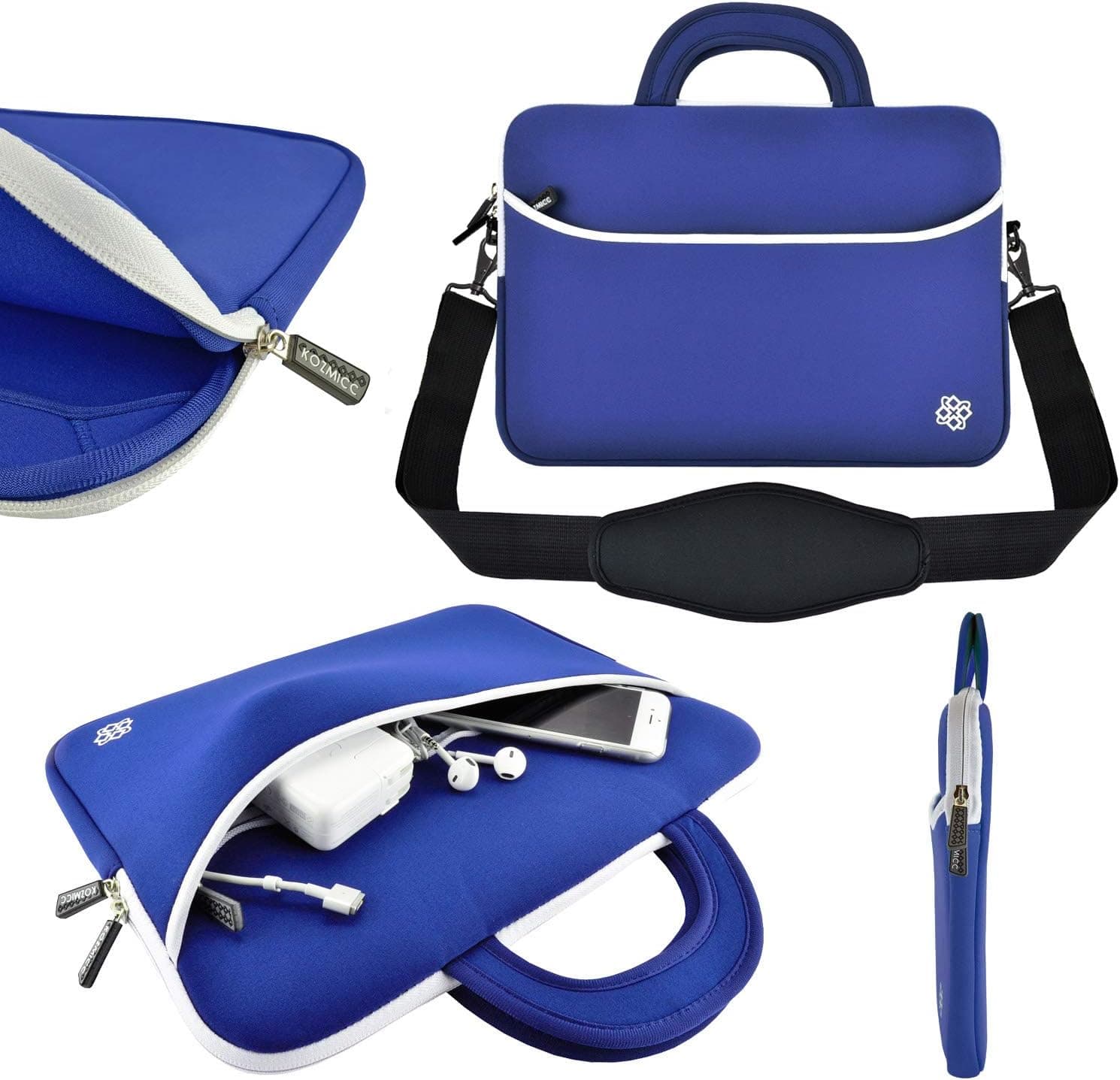 KOZMICC 11.6-12" inch Laptop Neoprene Carrying Shoulder Strap Messenger Sleeve Case Bag Handle Pocket for Apple MacBook Air Pro, Chromebook, Dell, HP, Samsung [Up to 11" x 6" x 1.5" Inch] (Blue)