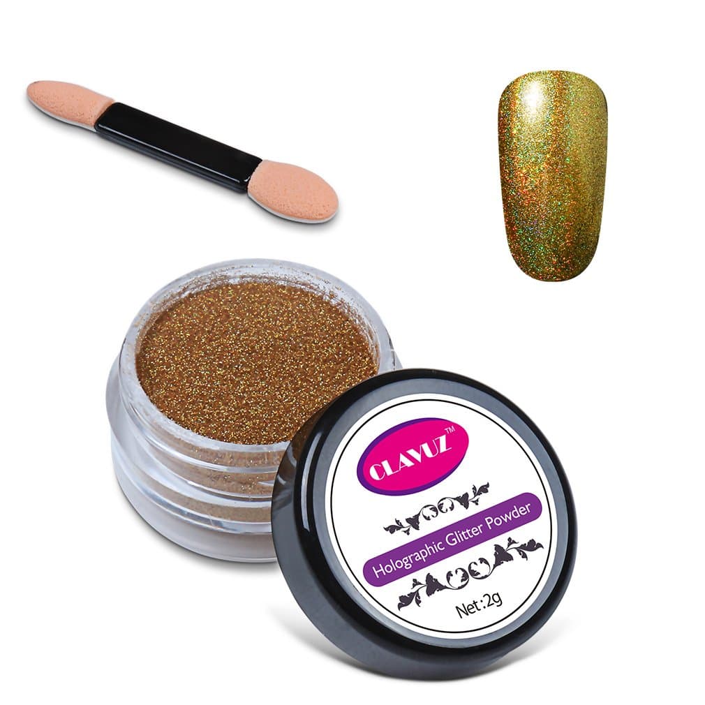 CLAVUZ 2g Gold Chrome Powder Holo Effect Chameleon Color Changing Glitter Nail Powder Manicure Pigments with Sponge Stick Nail Art Tools Kit