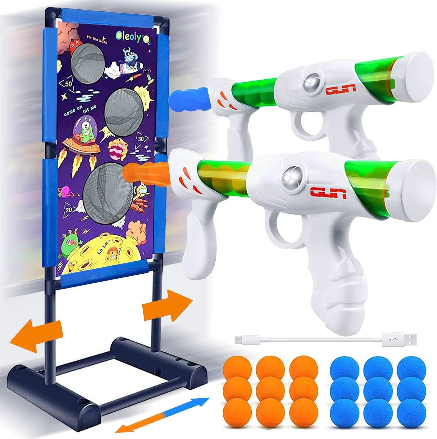 OLEOLY Shooting Game Toys for Age 6, 7, 8, 9, 10, 11+ Years Old Kids, Moving Shooting Target & 2 Blaster Gun & 18 Foam Balls, Birthday Gifts for Boys and Girls, Compatible with Nerf Toy Guns