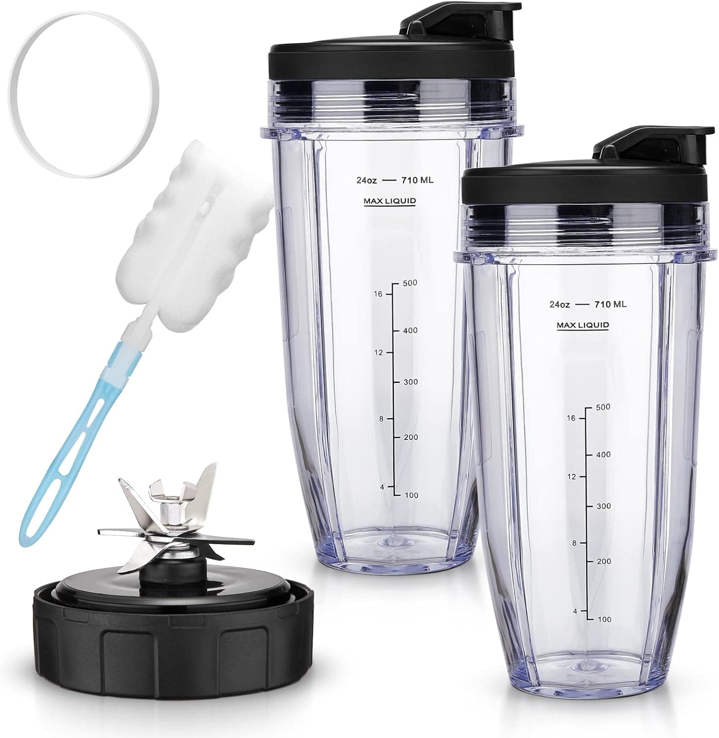 [Design for SS101] Blender Replacement Parts for Ninja SS101, 24 oz. Single-Serve Cups Kit with To-Go Lids (2 Pack) with 7 Fins Blade, Fits SS100, SS101, SS300, SS400, SS401