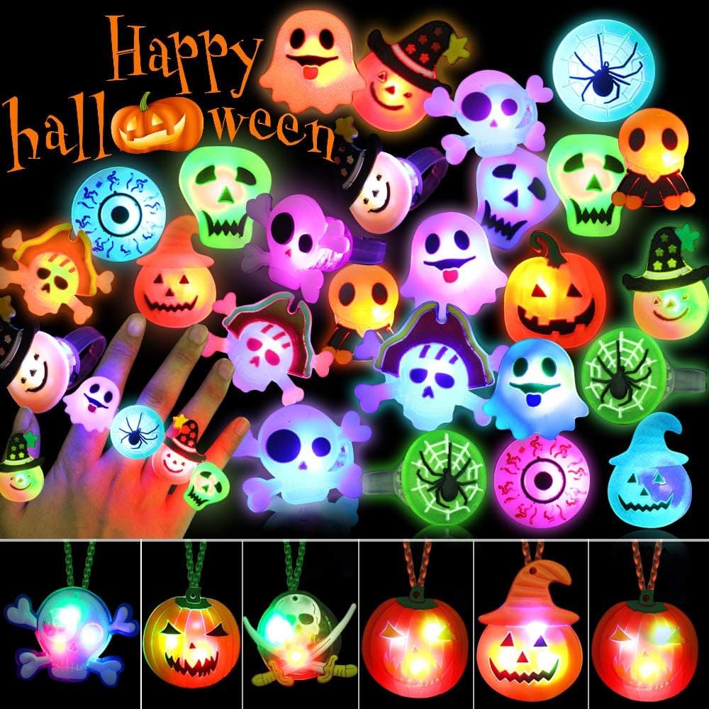 Outee 36 Pcs Halloween LED Light Up Rings Necklaces Halloween Party Favors for Kids Glow in The Dark Halloween Treats Flash Rings Halloween Goodie Bag Fillers Halloween Rings Necklaces Random Pattern