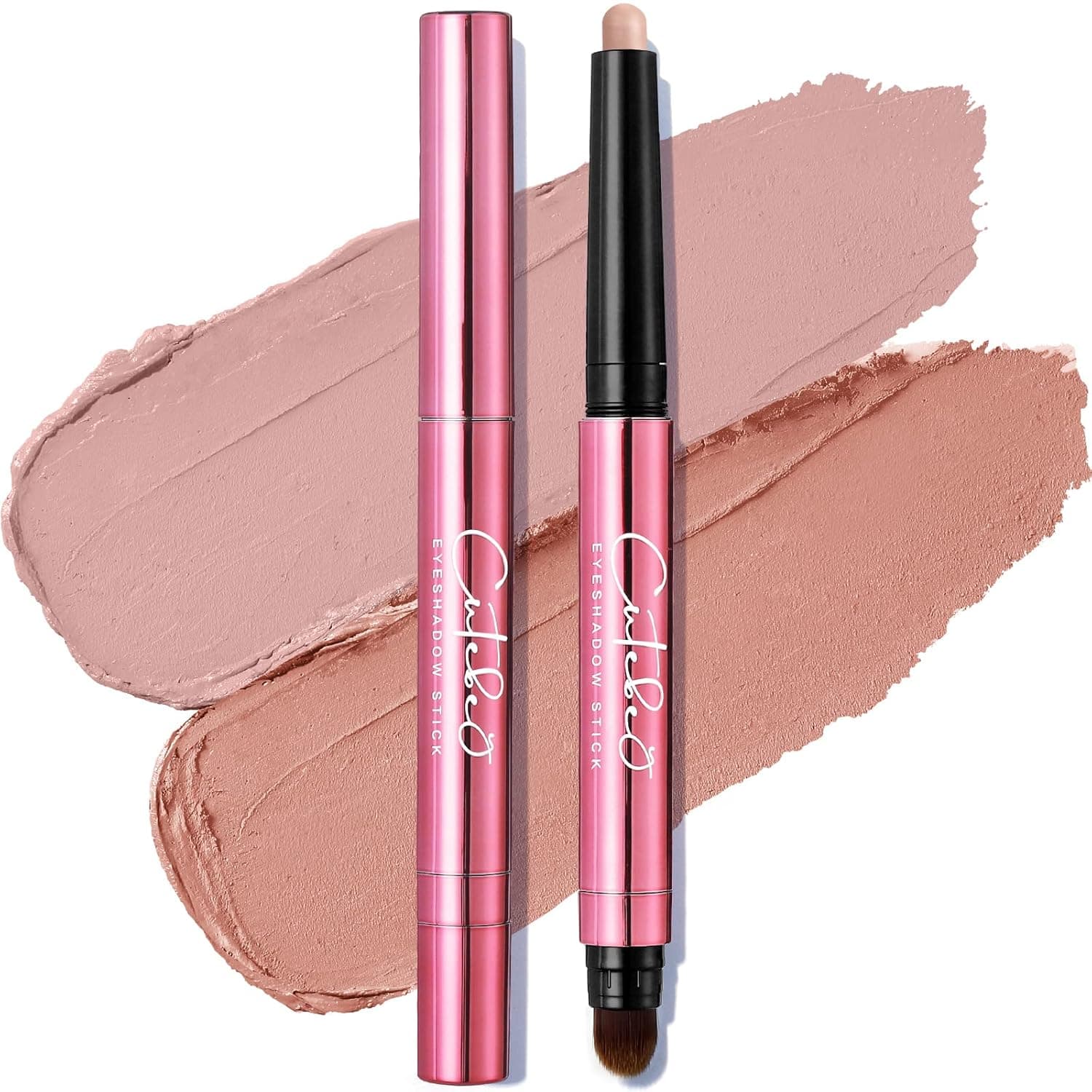 CUTEBEY 2Pcs Eyeshadow Stick, Creme to Powder Eye Shadow Stick Waterproof & Long Lasting & No Greasy, Thrive Eyeshadow Stick Upgraded with Soft Brush and Rose Gold Tube