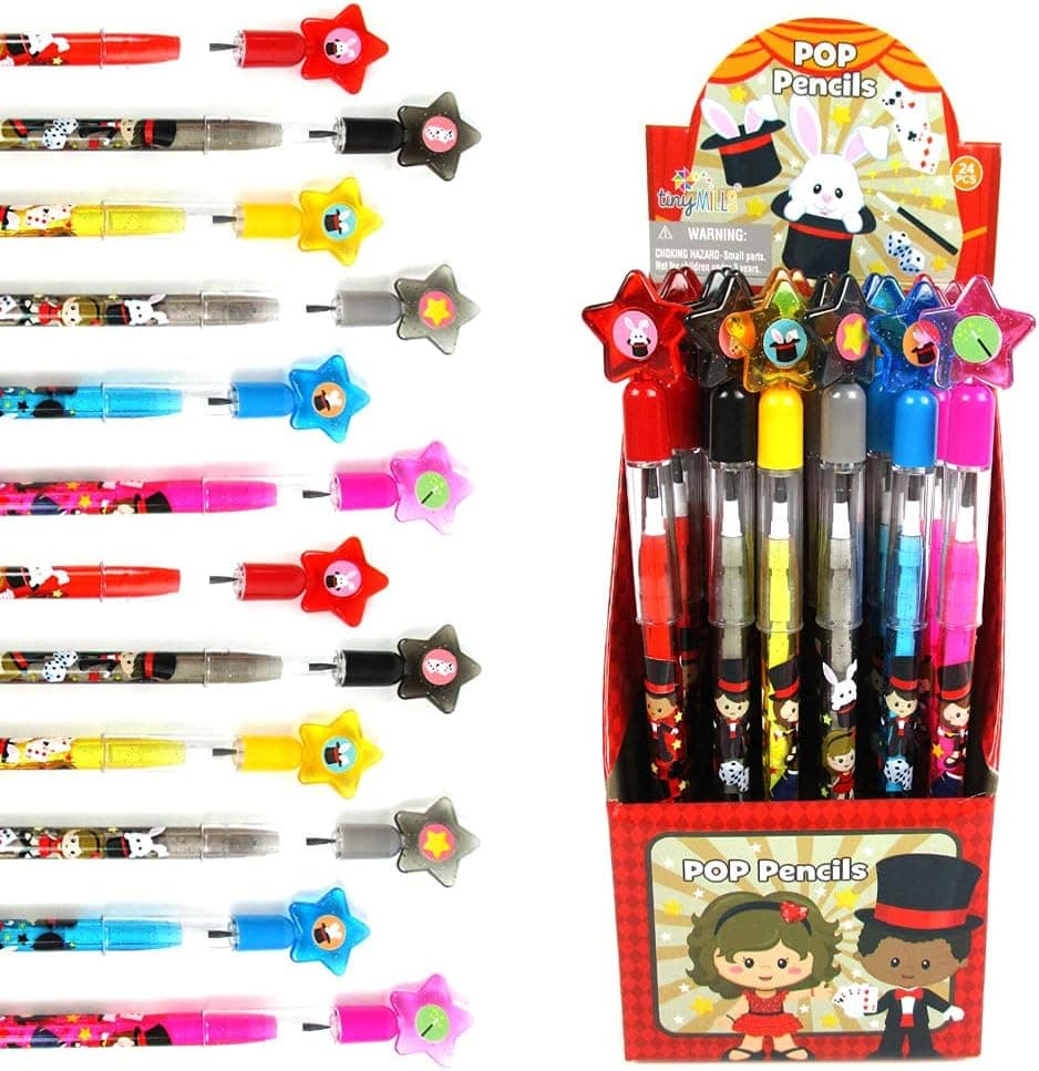 TINYMILLS 24 Pcs Magic Themed Multi Point Stackable Push Pencil Assortment with Eraser for Magic Birthday Party Favor Prize Carnival Goodie Bag Stuffers Classroom Rewards Pinata Fillers
