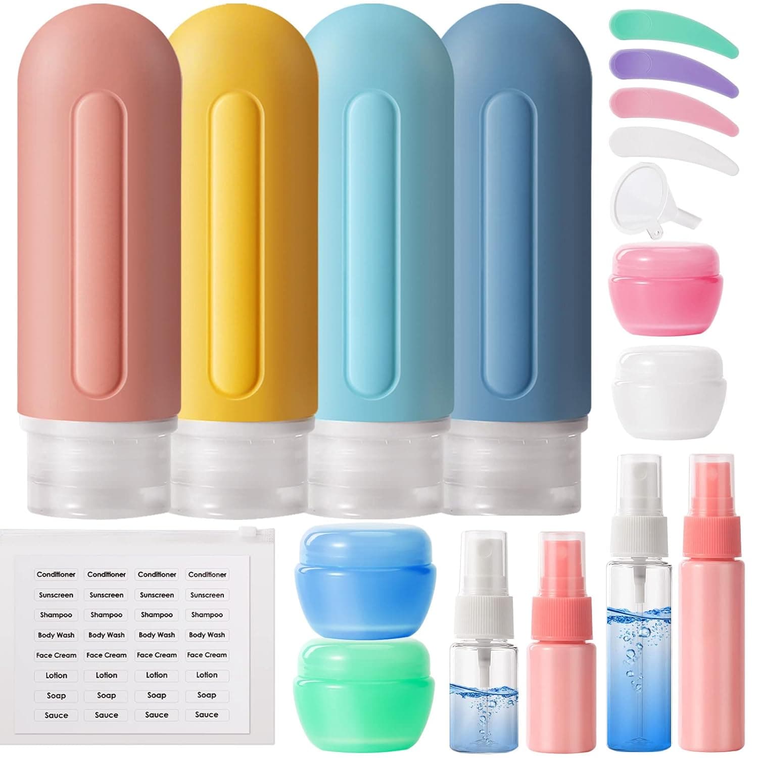Travel Bottles for Toiletries - 19 Pack TSA Approved 3oz Leak Proof Silicone Containers for Shampoo, Conditioner, Lotion -Squeezable Tubes Easy Dispensing-Travel Size Accessories Essentials Kit (PYBB)
