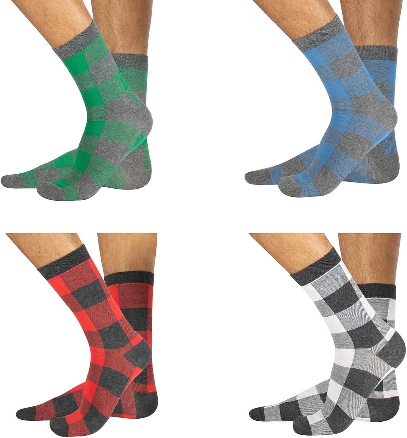 CALZITALY 4 Pairs of Unisex Plaid Cotton Socks | Blue, Red, White, Green | Men: 3.5-12, Women: 5-11 | Made in Italy