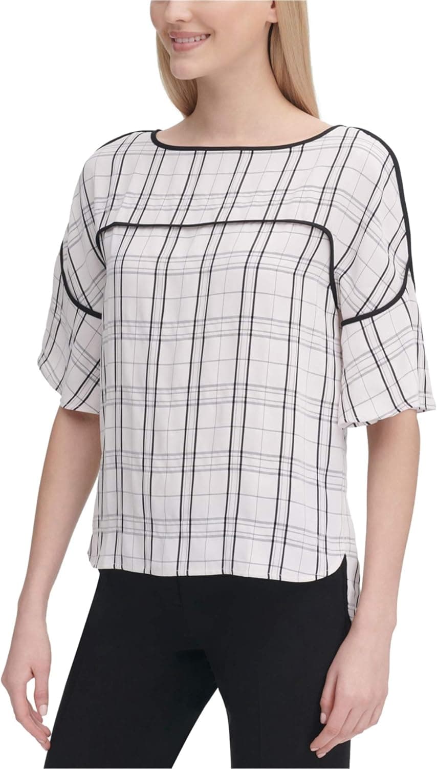 Calvin Klein Womens Piped Pullover Blouse, White, Medium