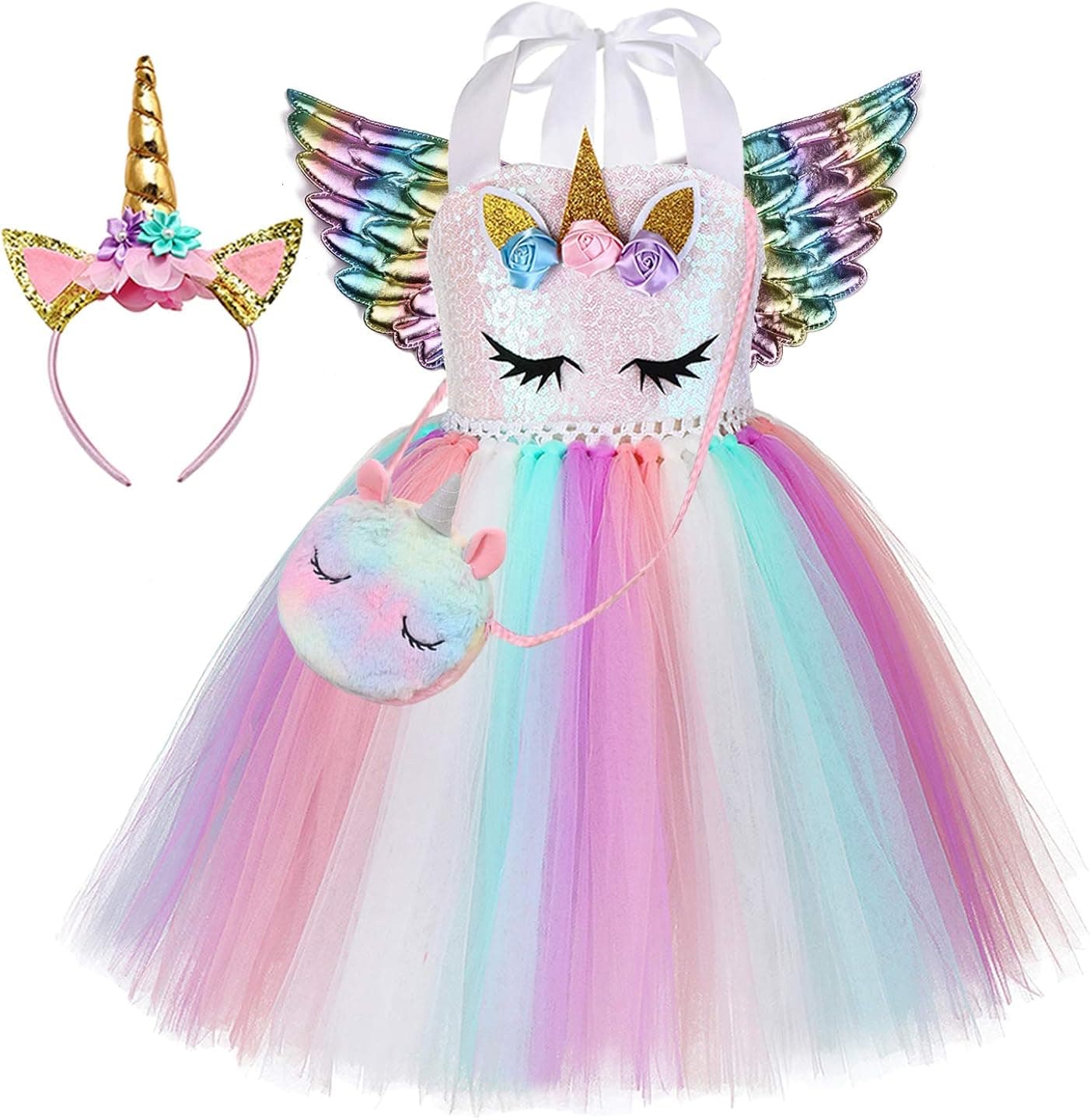 Tutu Dreams 4pcs Unicorn Dress for Girls with Unicorn Bag, Headband, Wings Birthday Party Dress Up Gifts