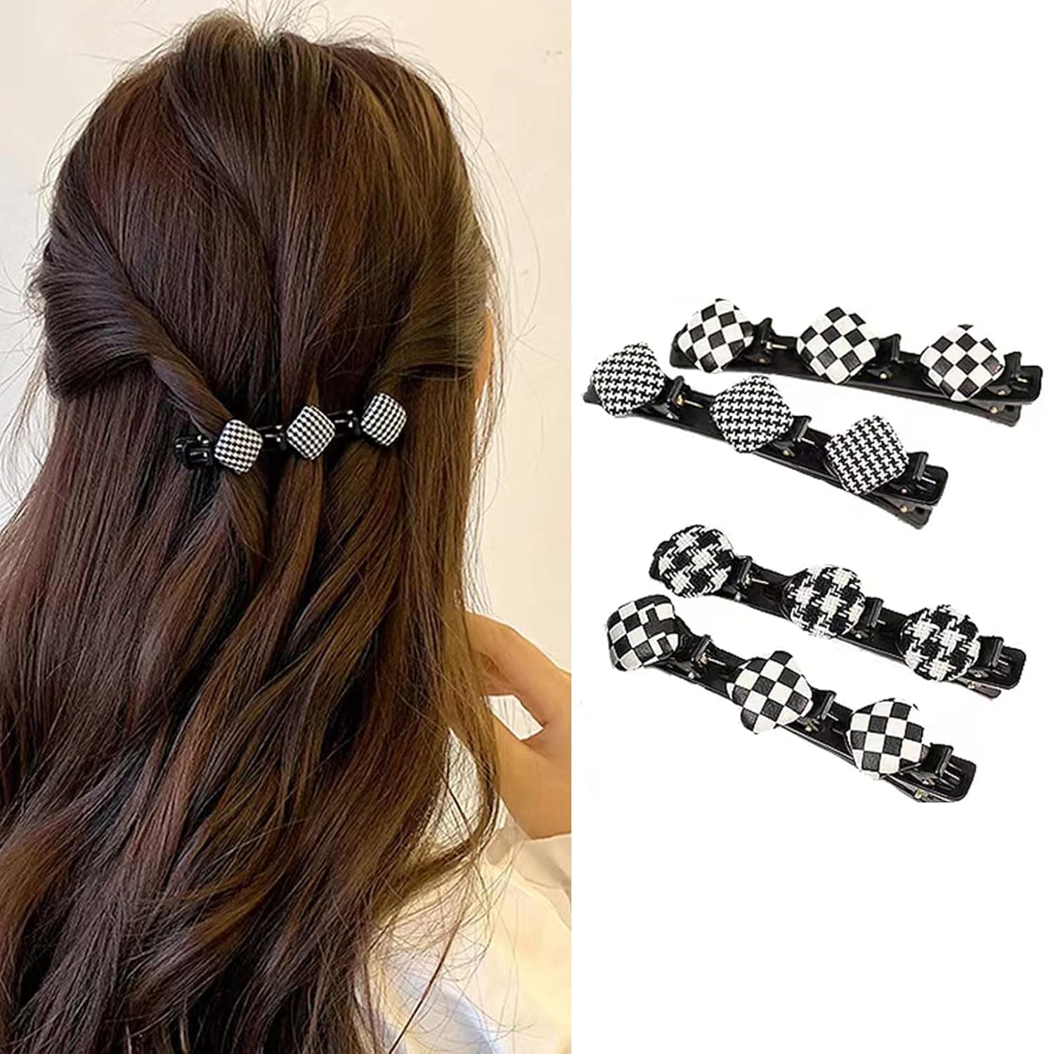 Sparkling Crystal Stone Brained Hair Clips, Clover Rhinestone Hairpin Duckbill Clips Satin Fabric Hair Bands Barrette Pins for Women and Girls (Chidori Grid-4pcs)