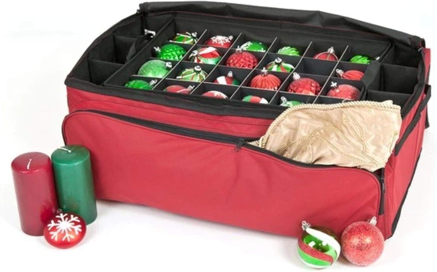 [Red Christmas Ornament Storage Box with Dividers] - (Holds 72 Ornaments up to 3 Inches in Diameter) | Acid-Free Removable Trays with Separators | Extra Front and Side Pockets for Additional Storage
