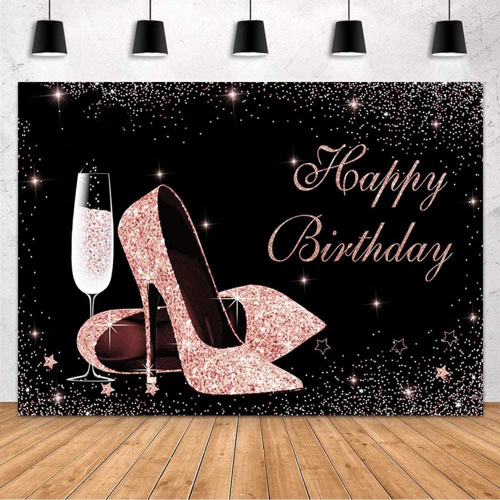 MEHOFOND Rose Gold Birthday Party Decorations Backdrop for Woman Glitter Rose Gold Pink Sequin Heels Champagne Birthday Decor Photography Background Banner Cake Table Photo Props 7x5ft