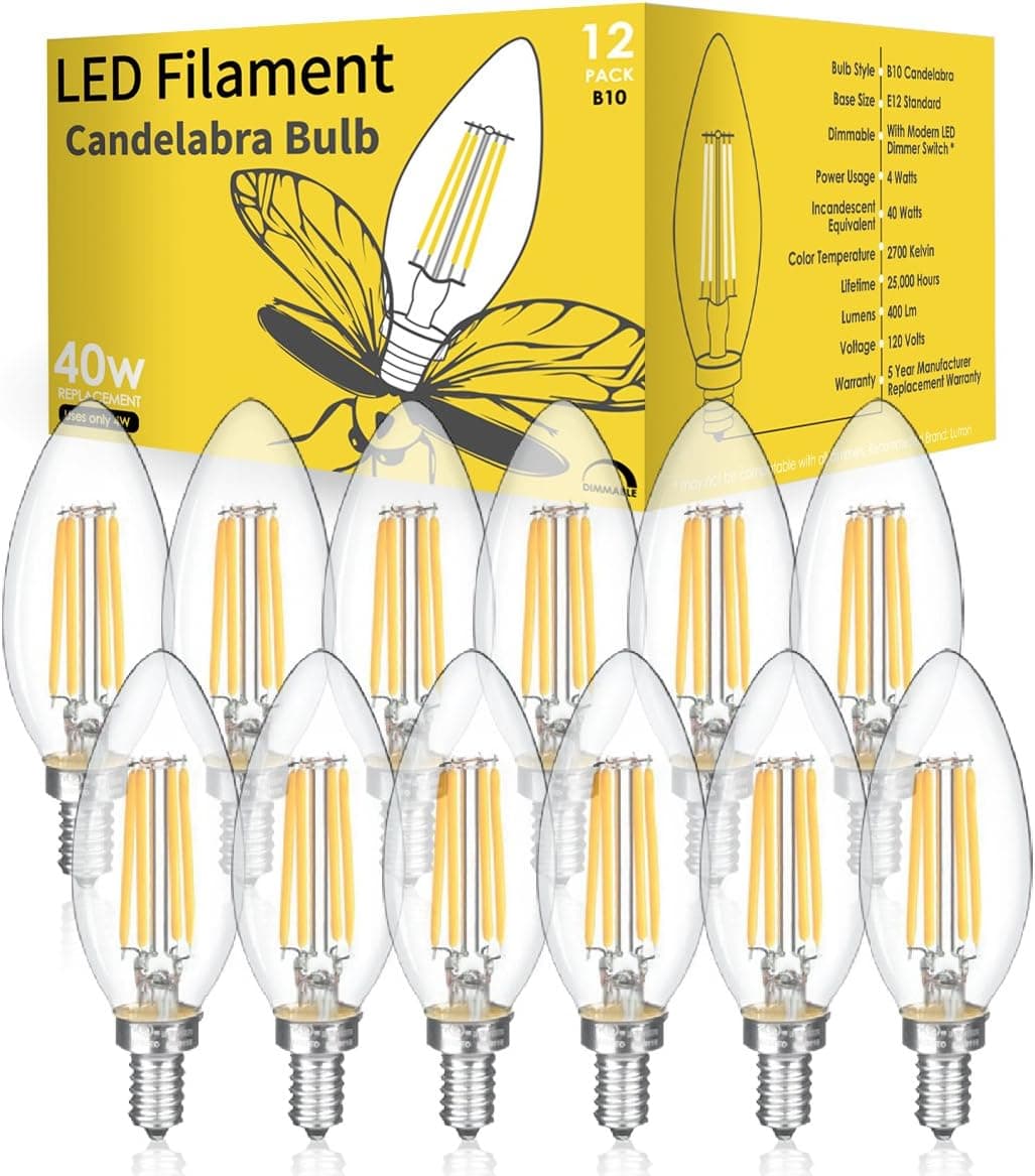 LED Filament Vintage Candelabra Light Bulb - 4W (40 watt replacement) E12 base, B10 shape, 120V (12 pack)