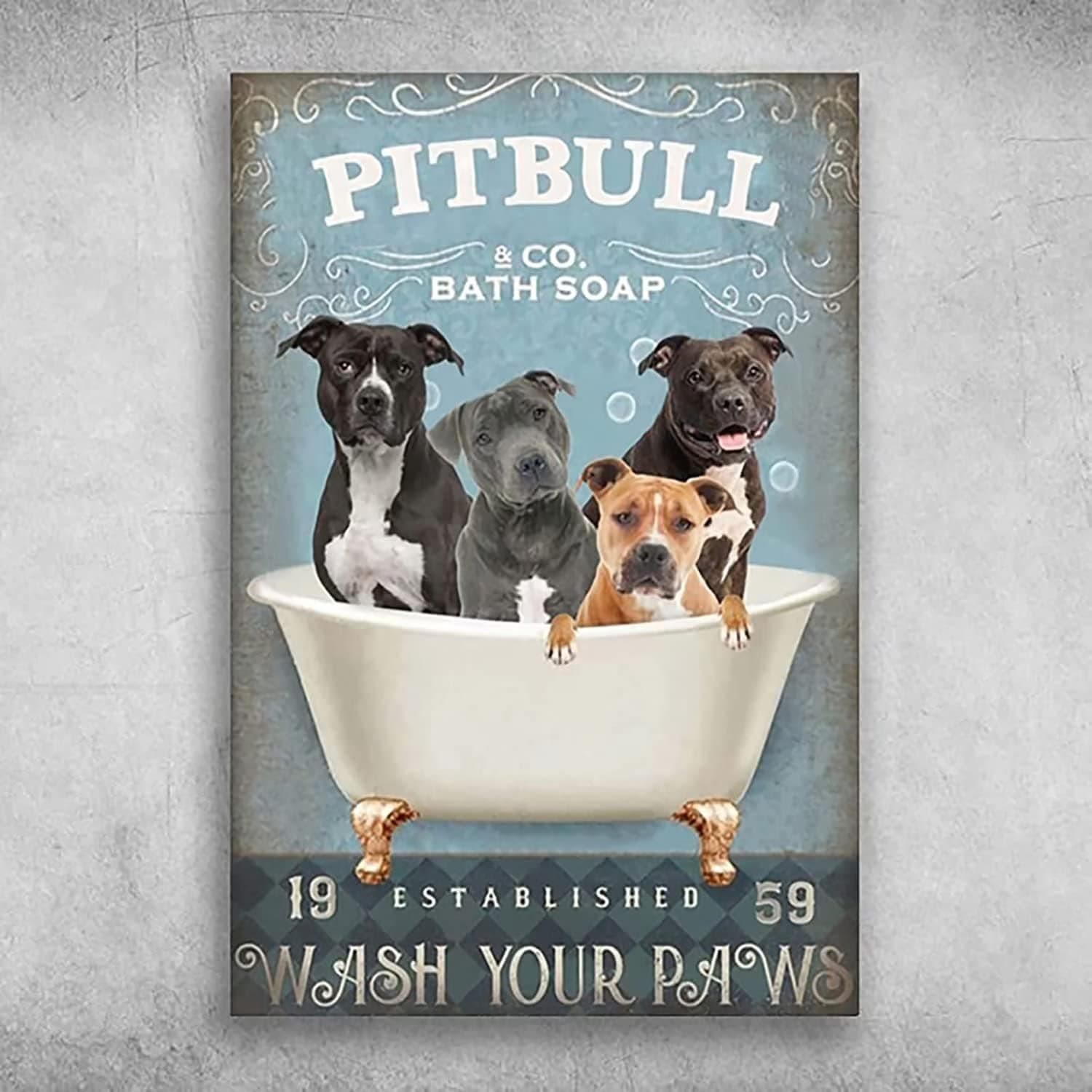 Pitbull Dog Metal Tin Sign Bath Soap Wash Your Paws Funny Print Poster Cafe Dining Room Living Room Bathroom Kitchen Home Art Wall Decor Plaque Gift
