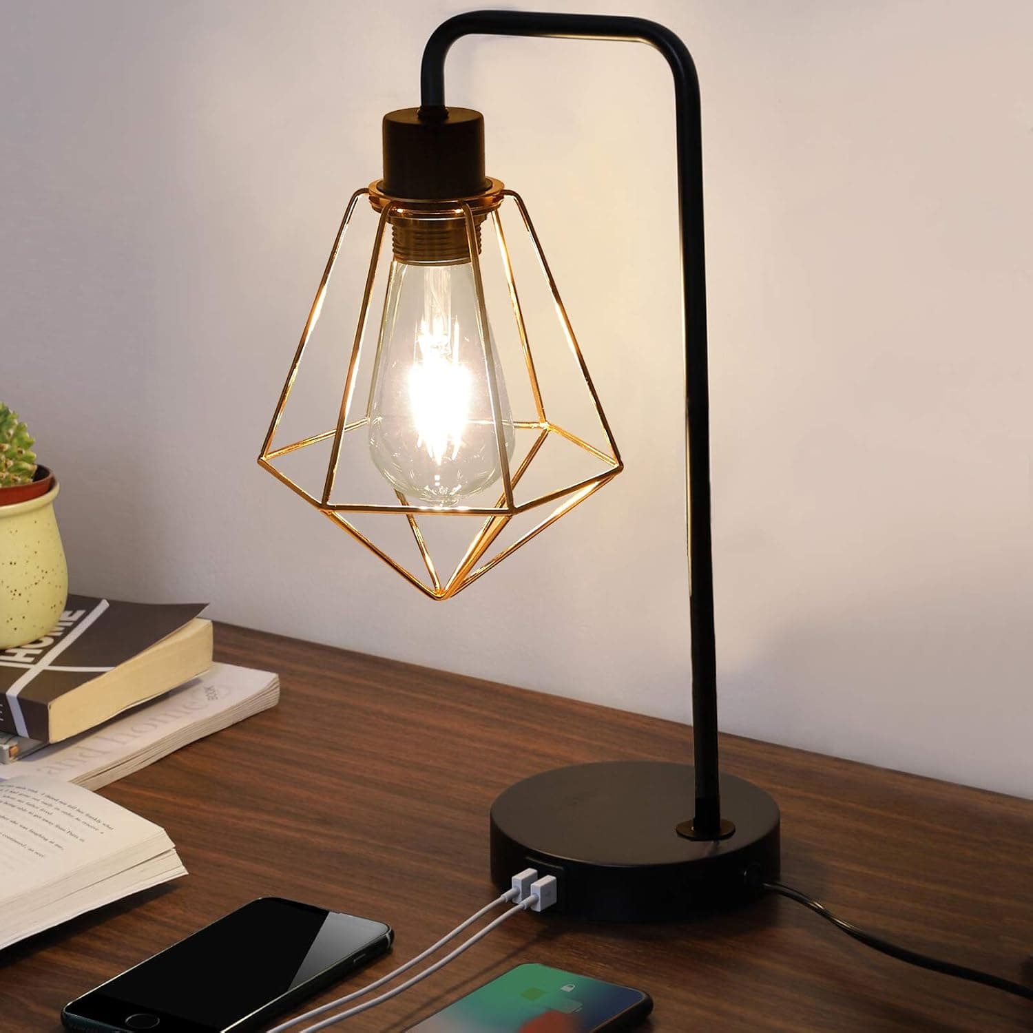 SOTTAE Dual USB Modern Geometric Gold and Black Metal Cage Industrial Table Lamp, Desk Lamp with 2 USB Charging Port, Black Bedside Nightstand Edison Table Lamp for Bedroom, Living Room, Office
