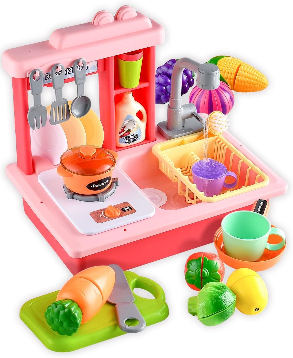 Toy Choi’s Play Sink with Running Water - Pretend Play Kitchen Pink Toy Sink Sets for Toddlers with Automatic Water Cycle System, Play Cutting Food, Cooking Stove Play Accessories for Boys Girls
