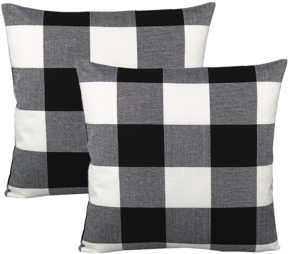 Throw Pillow Covers 18x18 - Decorative Pillows for Couch Set of 2 Rustic Linen Cushion Cover Soft Large Lumbar Pillowcase for Bedding Home Decor, Sofa, Outdoor Farmhouse Buffalo Plaid Black and White