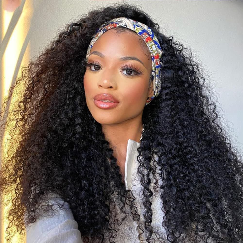 Long Curly Headband Wigs For Black Women Deep Water Wave Wigs Afro Kinky Curly Wigs Synthetic Machine Made Hair Wigs with Headbands Attached 180% Density Natural Black for Daily Use 26 Inches