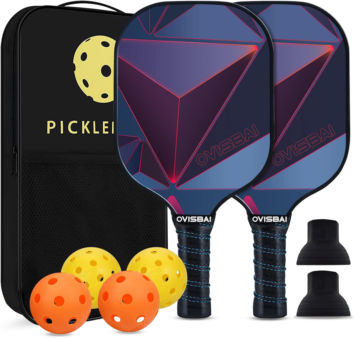 OVISBAI Pickleball Paddles Set of 2 Fiberglass Surface Paddles for Indoor or Outdoor Play with 4 Pickleball Balls, 2 Racquets, 2 Pickleball Ball Retriever, 1 Carry Bag for Men Women Kids