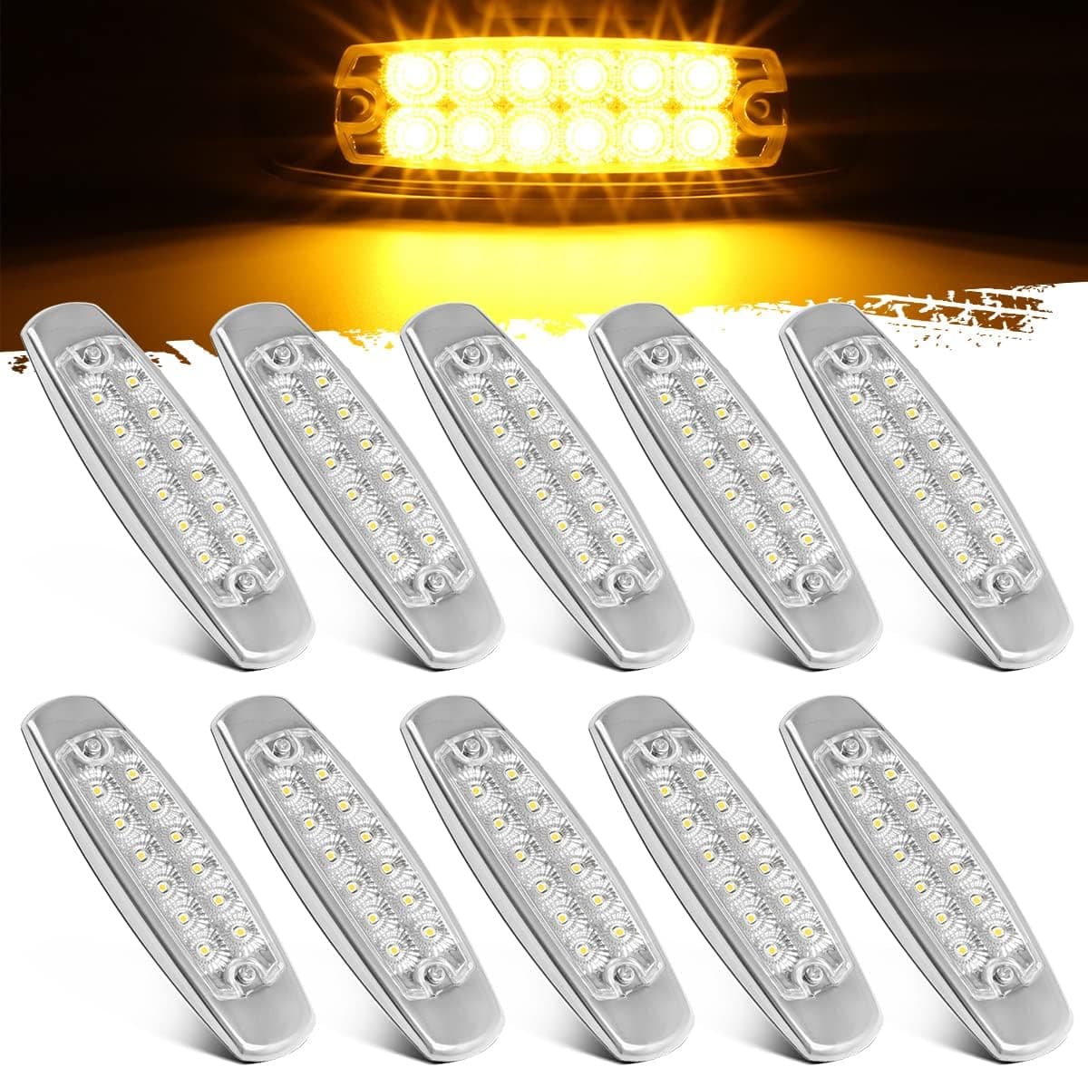Partsam 10Pcs 6-1/5 Inch Flat Oval Amber Led Side Marker Lights 12 LED Clear Lens Surface Mount w Reflectors Waterproof Replacement for Peterbilt Led Front Fender Marker Cab Panel Lights 12V