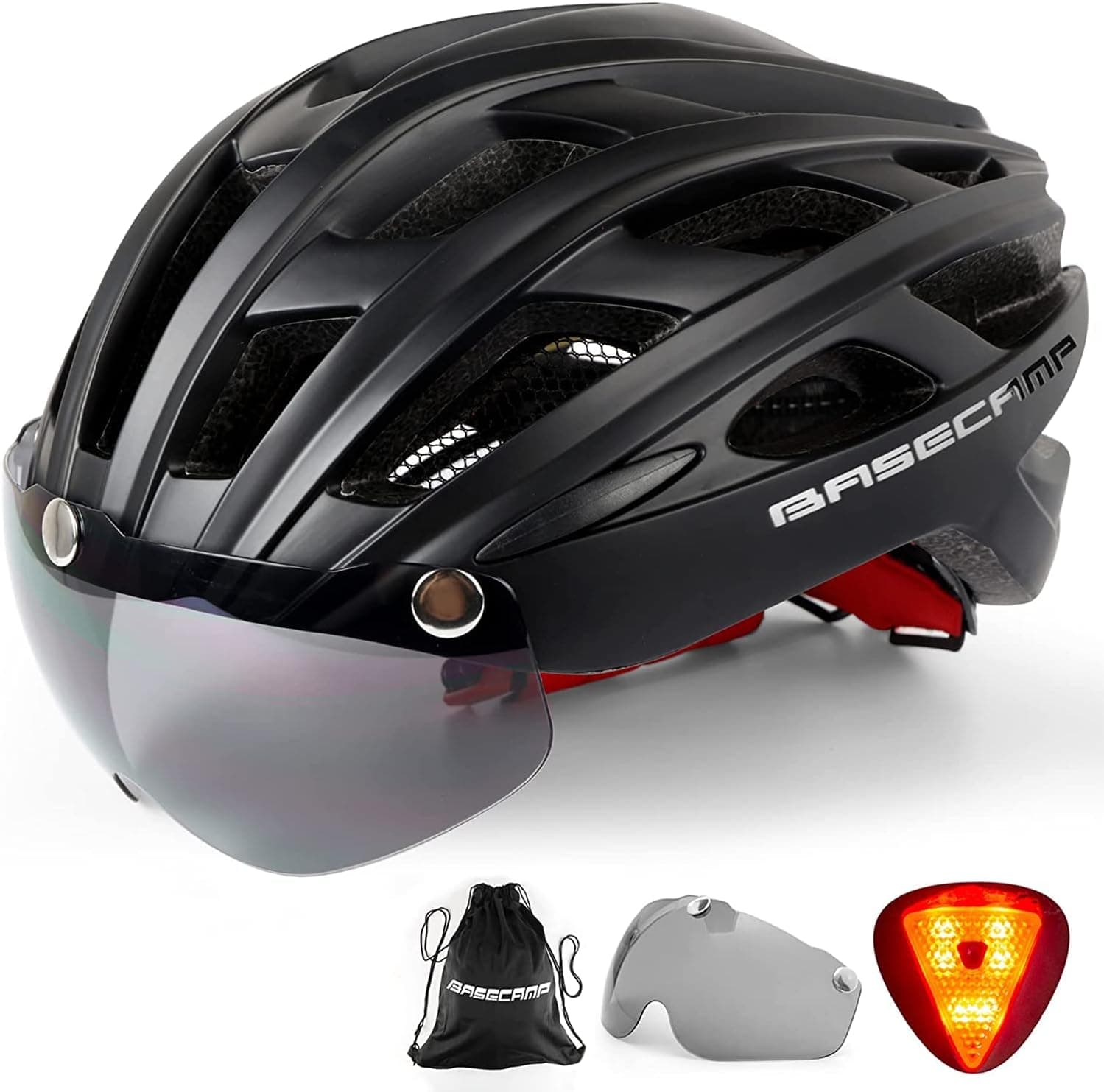 Bike Helmet, Basecamp Bicycle Helmet with Rear Light & Detachable Magnetic Goggles & Portable Backpack Lightweight Cycling Helmet Adjustable for Adult Men Women Mountain & Road (BC-069)