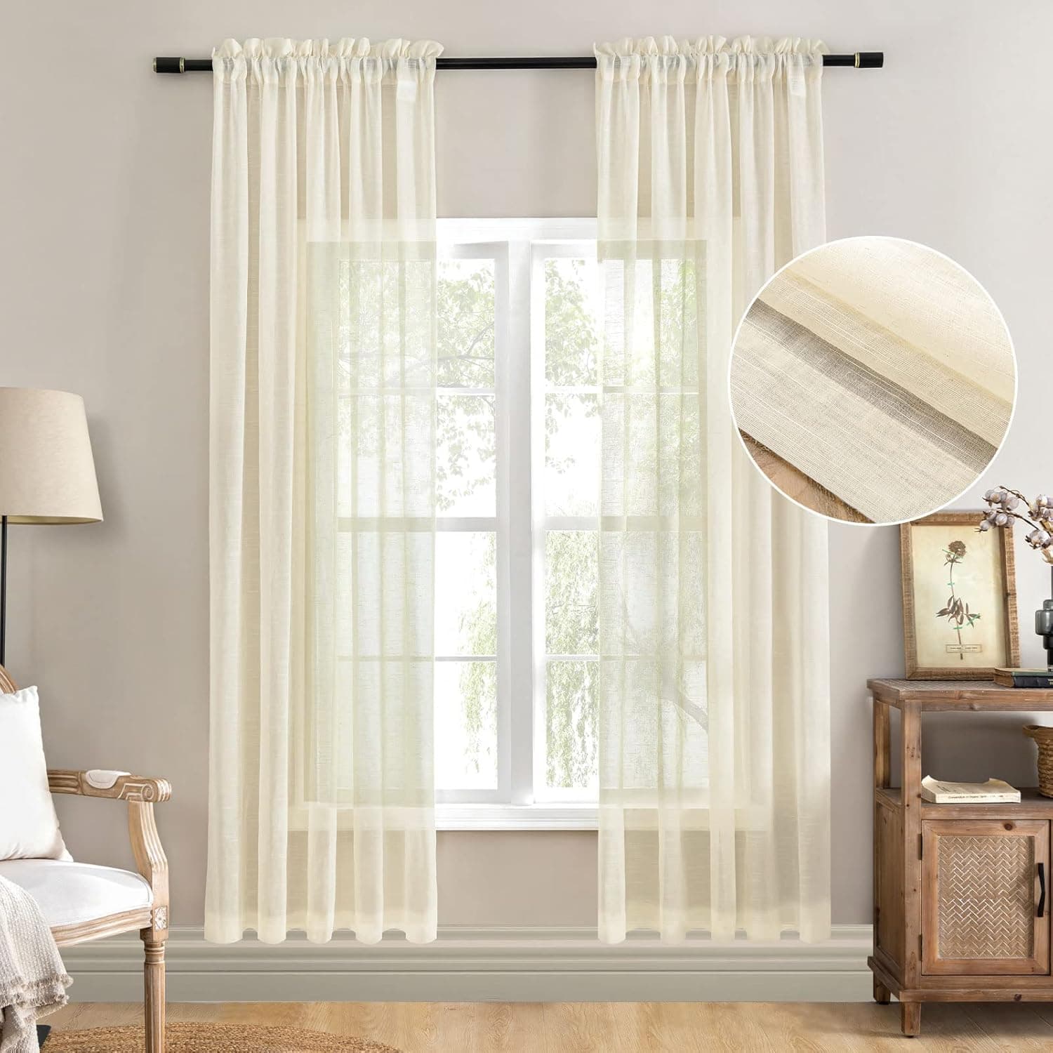 Variegatex Sheer Curtains 2 Panels Set,Semi Light Filtering Window Curtain for Bedroom/Living Room with Rod Pocket W 54 x L 84 inches Long,Beige