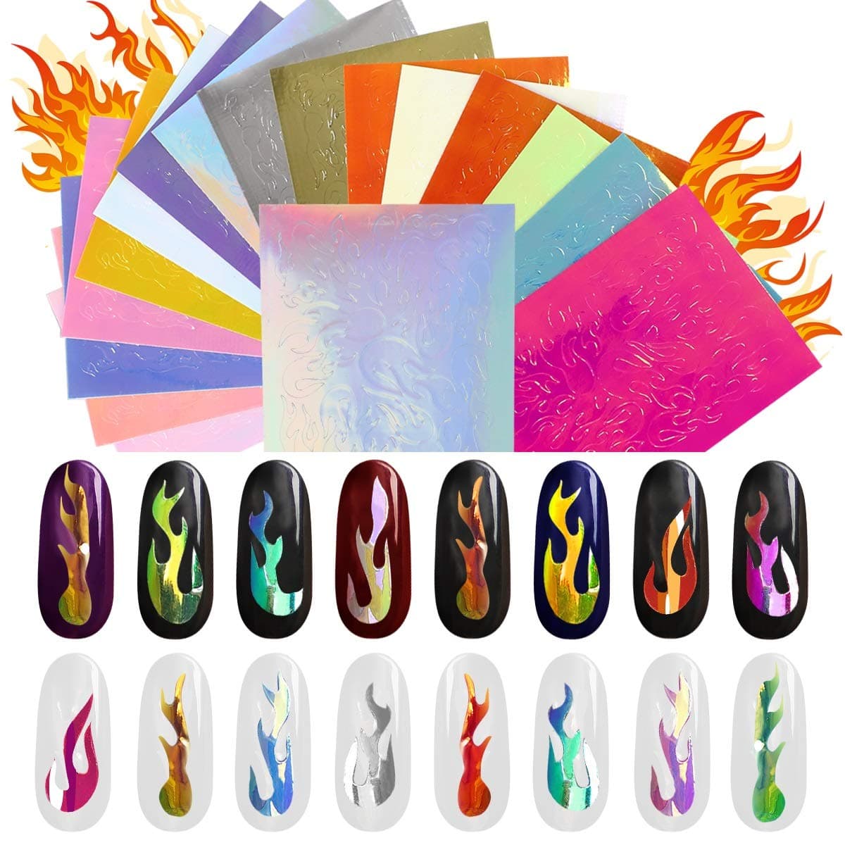 Goddess Aalto 16 Pieces Holographic Fire Flame Nail Stickers,Foils Reflections Tape Adhesive Art 3D Decals for Fingernails Toenails Manicure,DIY Decor Design