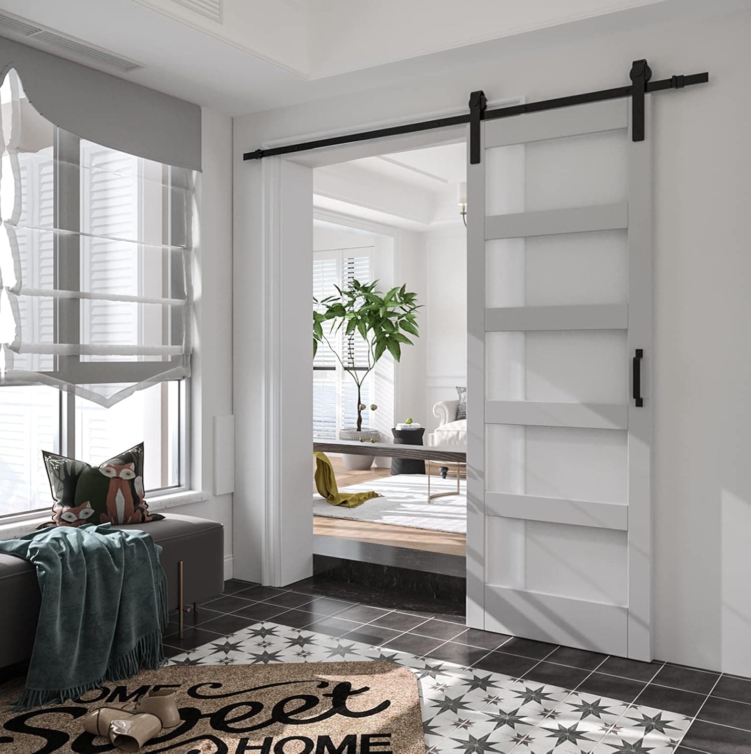 SIMPLECOZY 5 Panel Glass Sliding Barn Door, 30 in x 84 in, White, MDF, and Water-Proof PVC Covering, with a Barn Door Hardware Kits