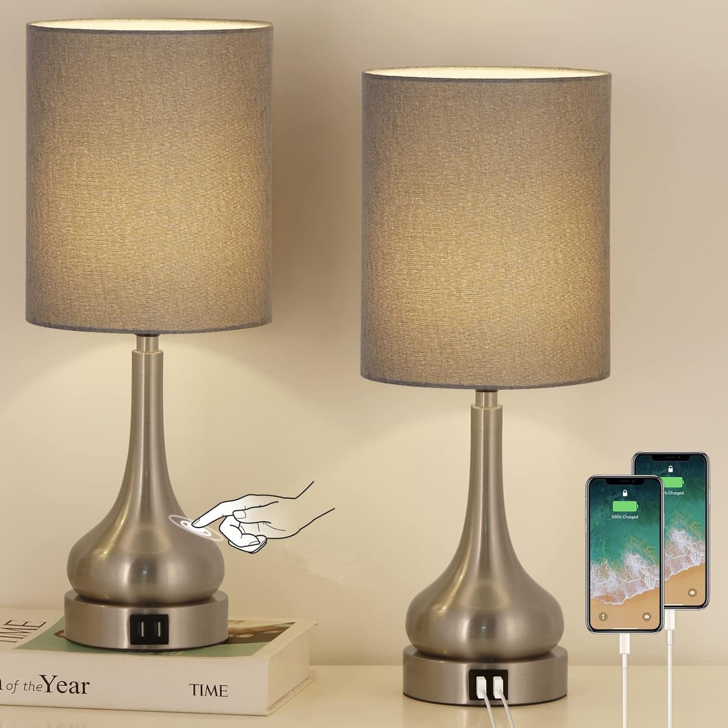 HAITRAL Touch Bedside Lamps Set of 2- Lamps with Dual USB and AC Outlet, Table Lamps for Living Room,Dorm-Sliver/Grey