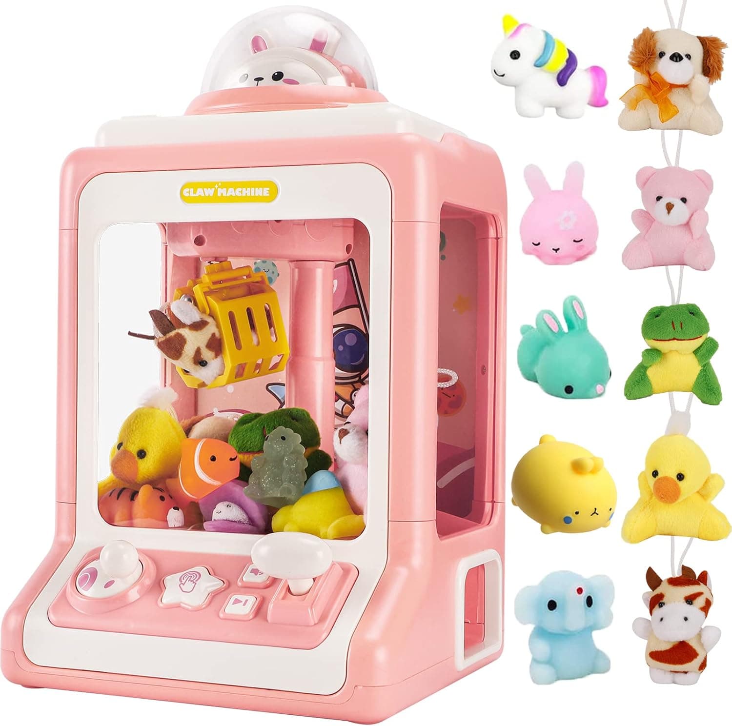 JHkim Claw Machine for Kids, Mini Claw Machine Candy Dispenser Toys for Girls,Kids Claw Machine Arcade Game Toy Vending Machine with 5 Mini Plush Animals 5 Squishy Toys Refill Prizes,Volume Adjustable