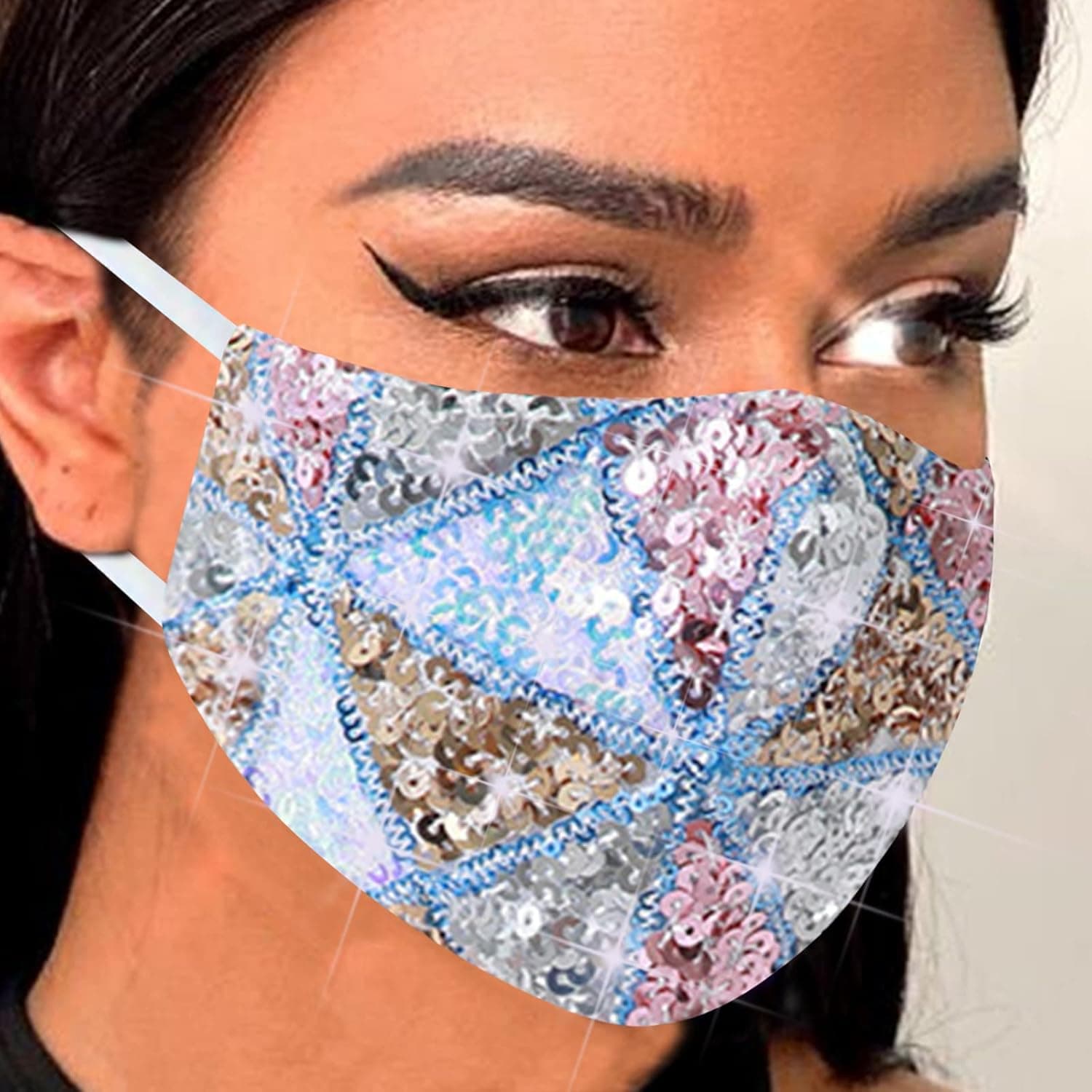 FULZTEY Sparkly Sequin Face Mask for Women Glitter Blue Sequins Face Masc Fashion Bling Face Covering Halloween Party Masquerade Face Bandana