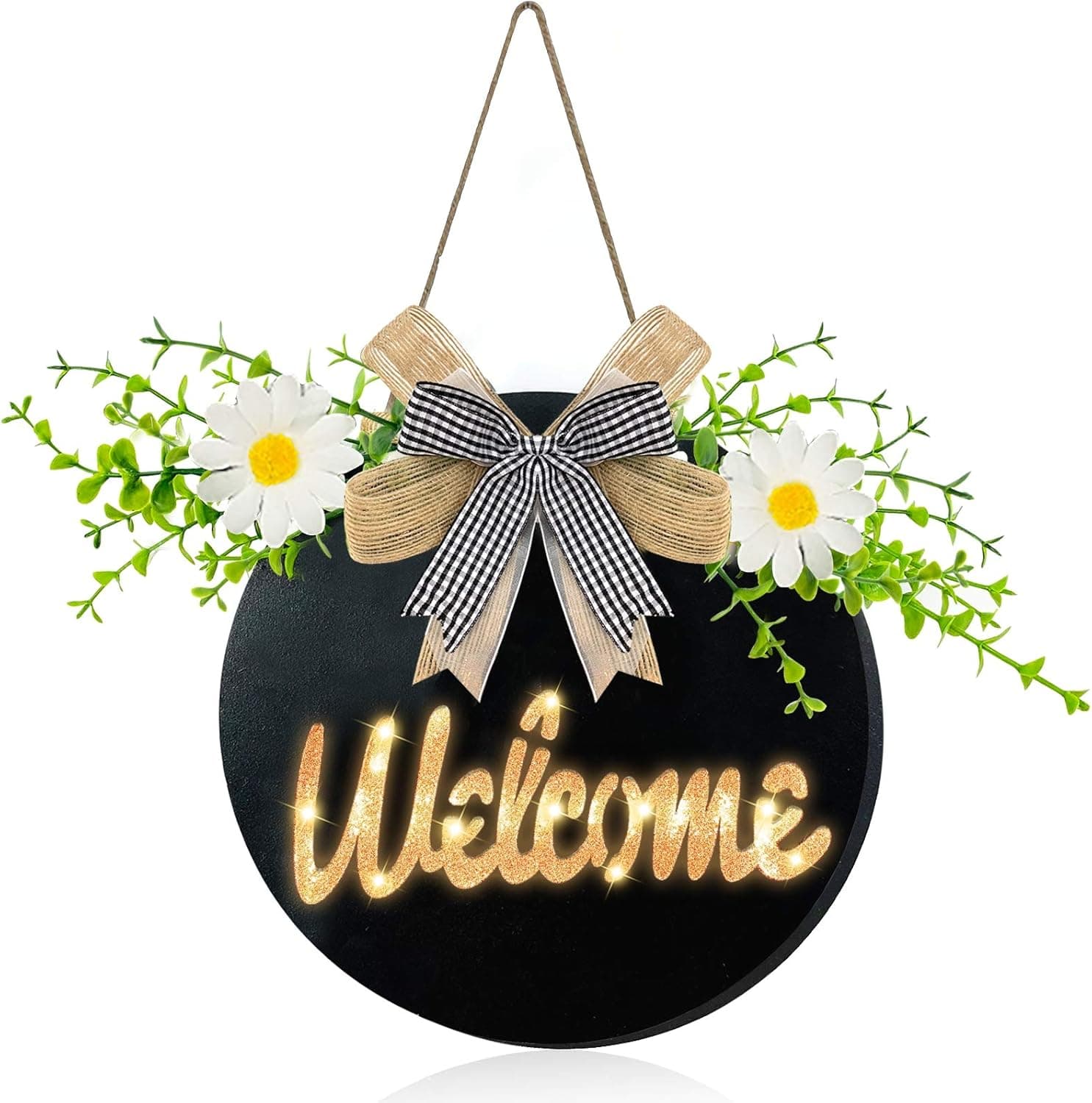 TURNMEON Prelit Welcome Wreath Sign with Timer Front Door Porch Decor,Rustic Round Wood Welcome Sign Hanging Eucalyptus Daisy Greenery Spring Summer Decoration Home Outdoor Farmhouse Housewarming Gift