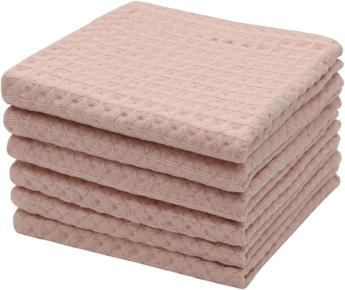Waffle Weave Kitchen Dish Cloths, 100% Cotton Dish Drying Towels, Set of 6, Double Deck Thick Hand Towel Washcloth, Ultra Absorben Tea Towels (Pink, 14 Inch x 14 Inch)