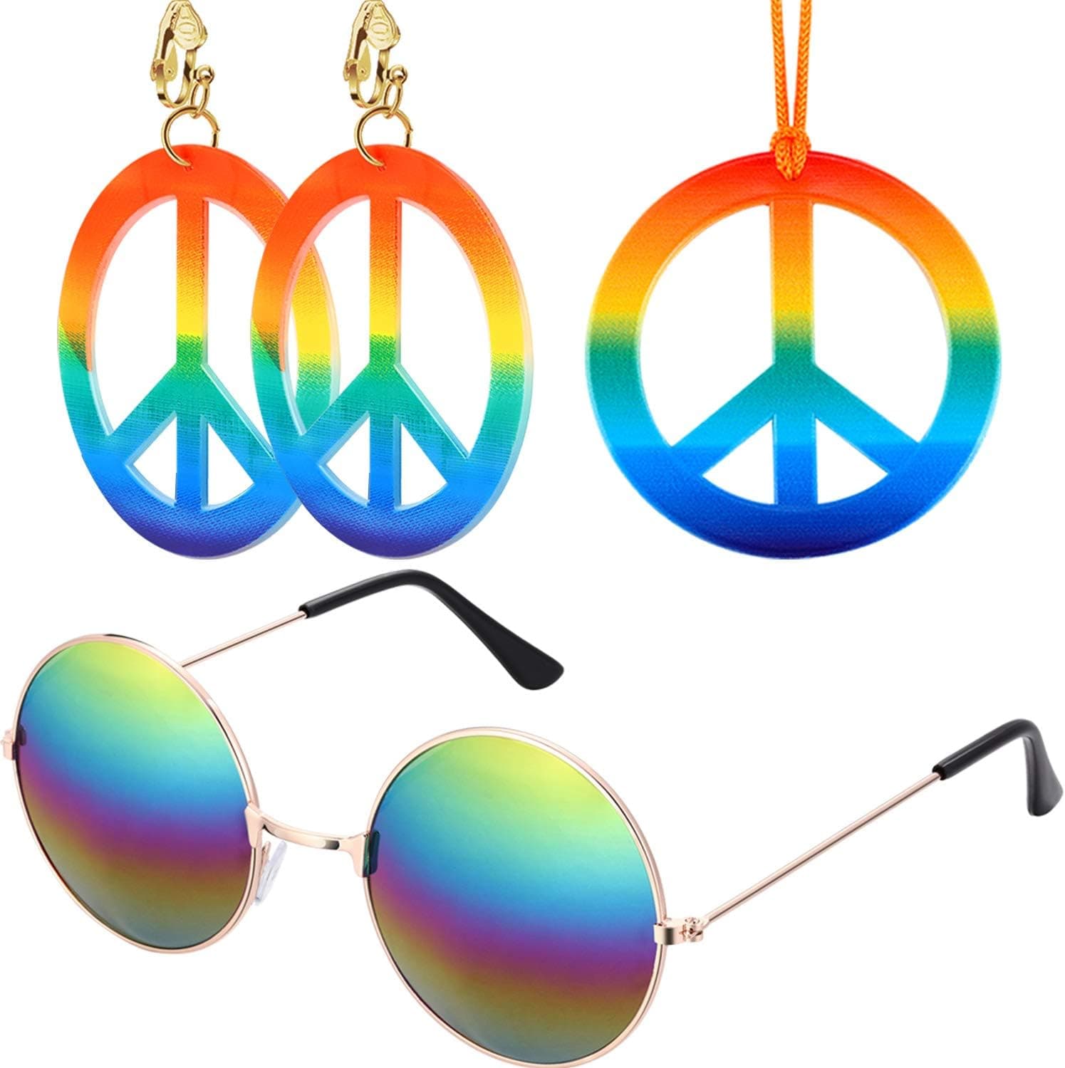 Total 3 Pieces Hippie Dressing Accessory Set 1 Piece Rainbow Peace Sign Necklace,1 Pair of Peace Sign Earrings and 1 Piece Hippie Glasses 1960's Hippie Accessories for Women Men