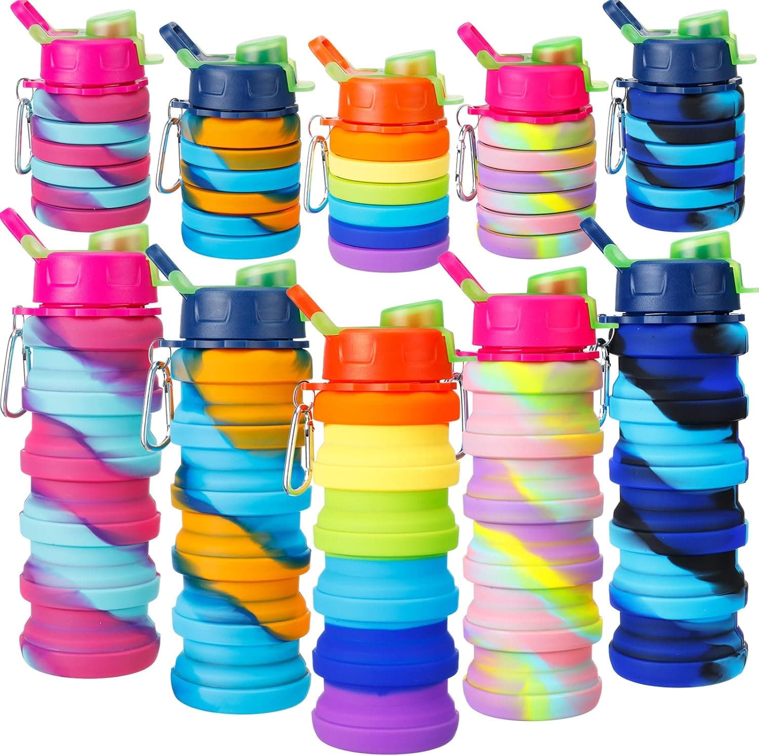 5 Pcs Collapsible Water Bottles 16 oz Portable Foldable Water Bottles Silicone Leak Proof Travel Water Bottle Reusable Sports Water Bottle with Metal Clip for Camping Hiking Travel (Mixed Color)