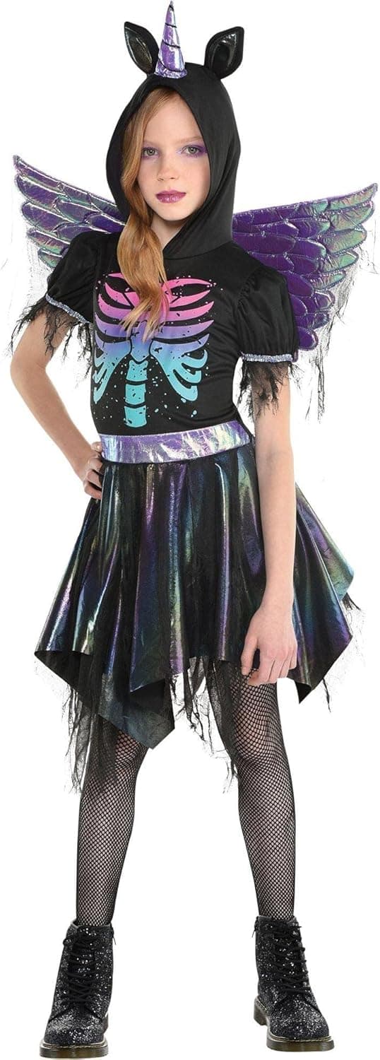 Party City Zombie Unicorn Halloween costume for Girls, Medium (8-10), Includes Hooded Dress and Wings, multicolor (8405429)