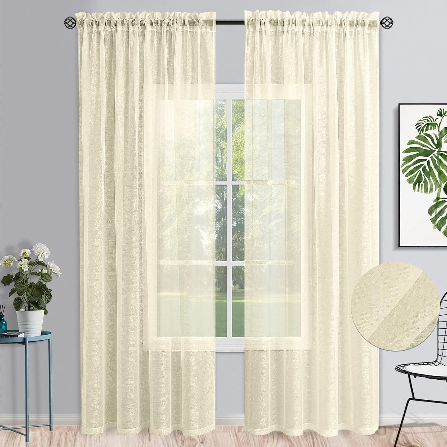 Hokibero Sheer Curtains 84 inch Length 2 Panels Set - Semi Sheer Curtain Light Filtering Panels Solid Voile Window Treatment Rod Pocket Clear Curtains for Living Room Bedroom, Custard Yellow