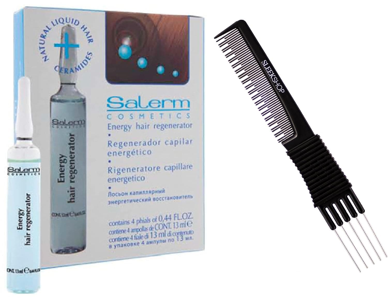 Salerm Cosmetics Energy Hair Regenerator, Stimulates Scalp Circulation for Hair Loss & Thinning Hair (w/ Sleek Teasing Comb) (4 phials of 0.44 oz (PACK OF 1))