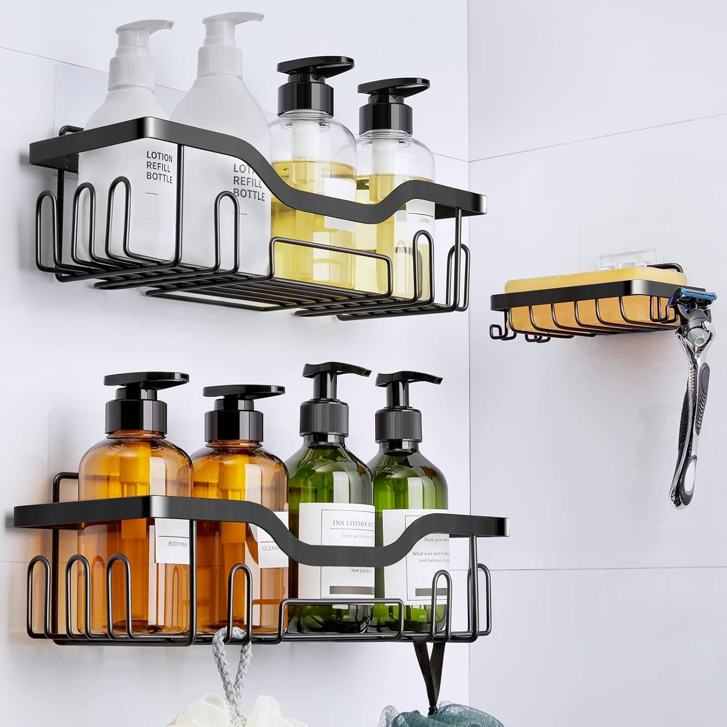 Bivvclaz 3-Pack Shower Caddy with Soap Holder, Adhesive Shower Organizer, No Drilling Shower Shelf for Inside Shower, Rustproof Stainless Steel Shower Rack for Bathroom & Kitchen Storage, Black