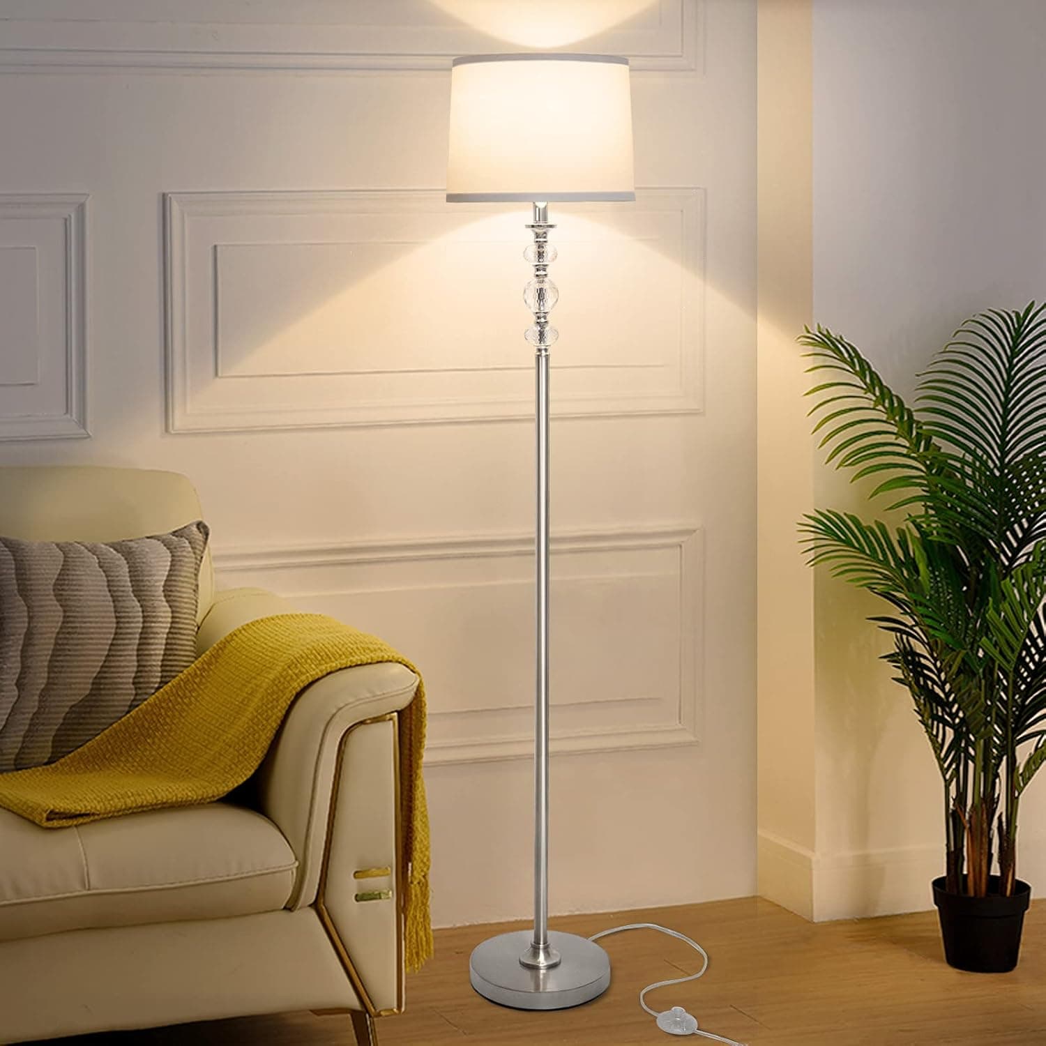 LED Floor Lamp with Dimmer, FANDBO Modern Standing Lamp Fully Dimmable Tall Pole Lamp with White Shade Crystal Reading Floor Lamp Silver Corner Light for Living Room Bedroom, Bright 8W Bulb Included