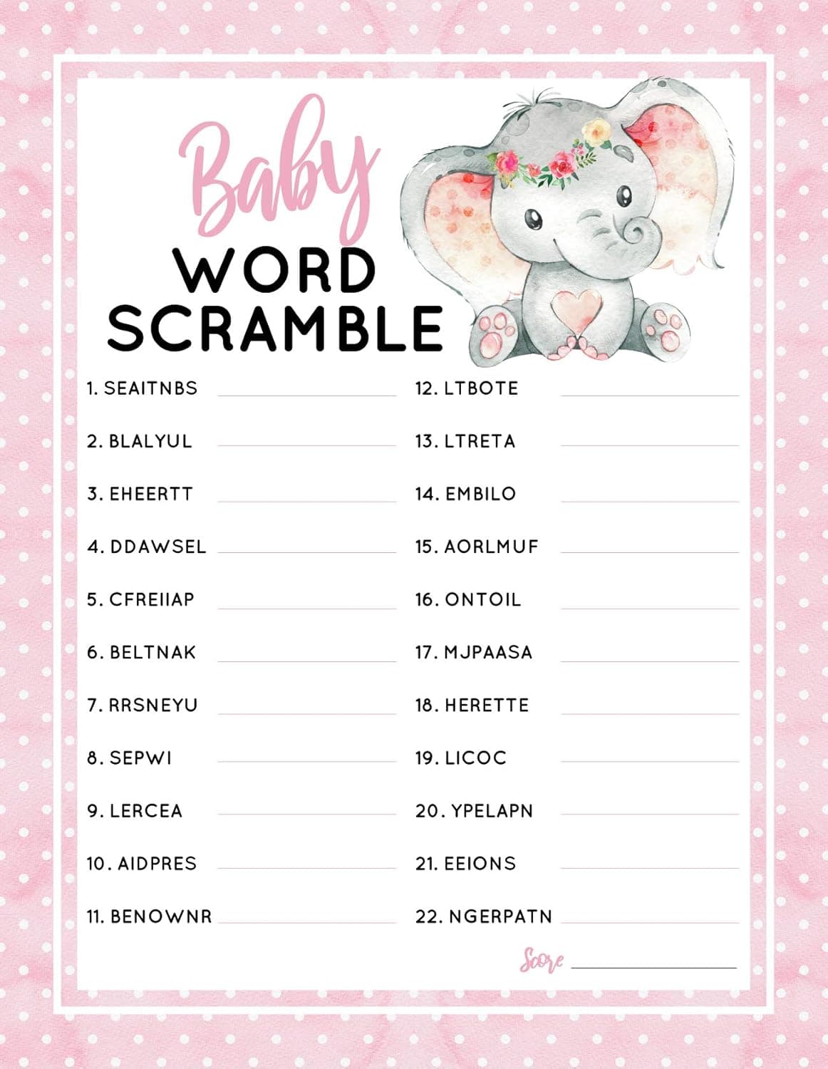 30 Pink Elephant Baby Word Scramble Baby Shower Game and Activity Easy to Play- Gender Reveal New Parent Women Men or Kids- 5x7" (30 Guests)