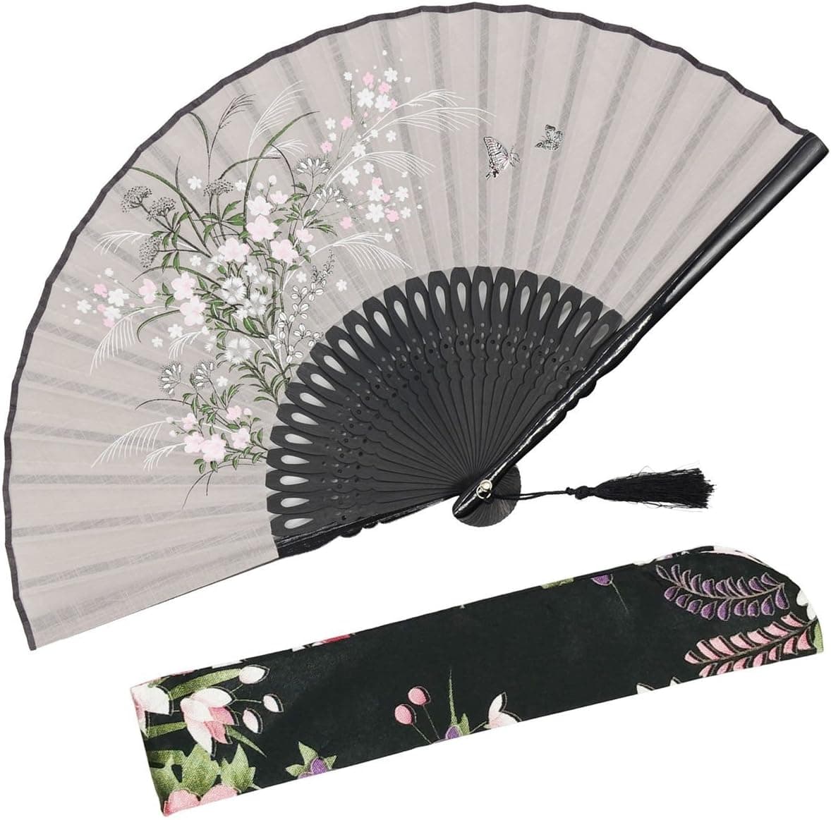 OMyTea® "Grassflowers 8.27"(21cm) Hand Held Folding Fans - with a Fabric Sleeve for Protection for Gifts - Chinese/Japanese Vintage Retro Style (Gray)