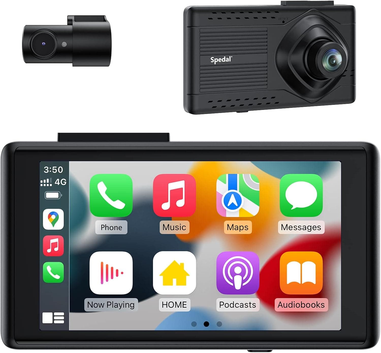 Spedal All-in-one NaviCam - Dash Cam with Navigation, Compatible with Wireless Carplay/Android Auto, FM Transmitter, 1080P Front and Rear Cameras, 5" Touchscreen, Voice Control