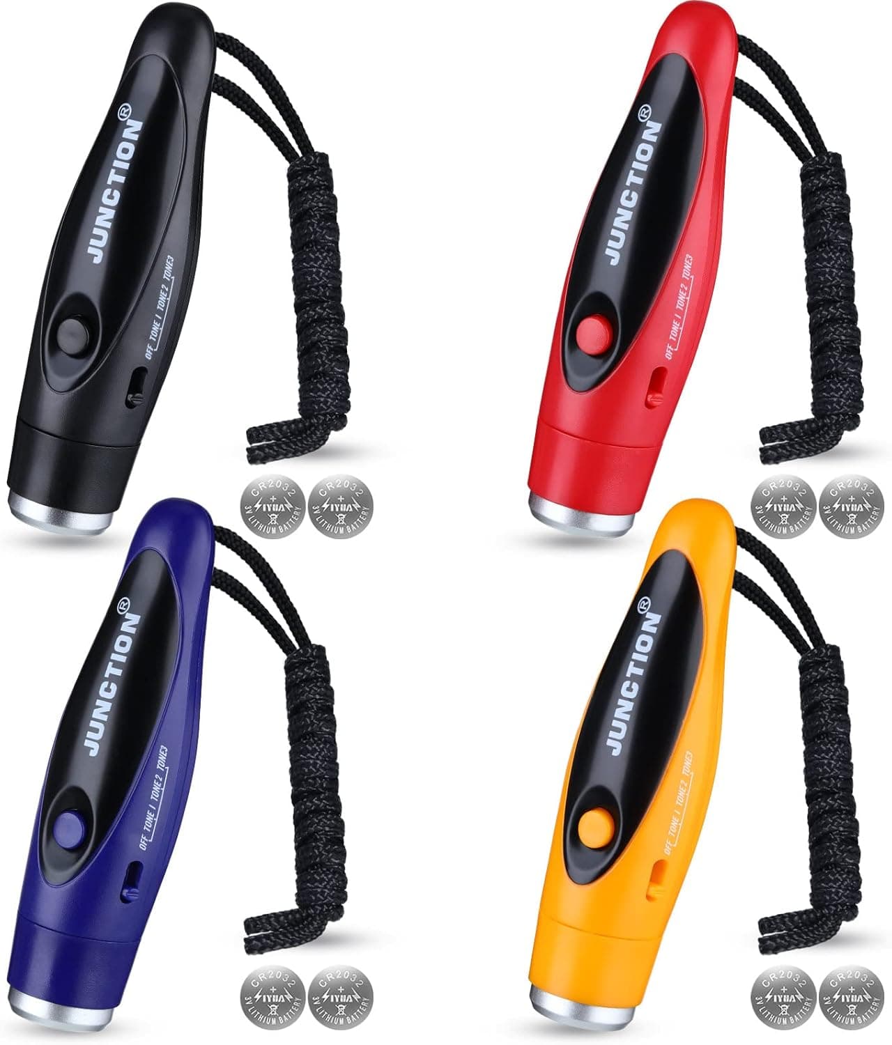Flutesan 4 Pieces Electronic Whistle for Referees Battery Operated Whistle Adjustable 3 Different Loud Handheld for Teacher Referee Emergency High Volume Volleyball Soccer Sports