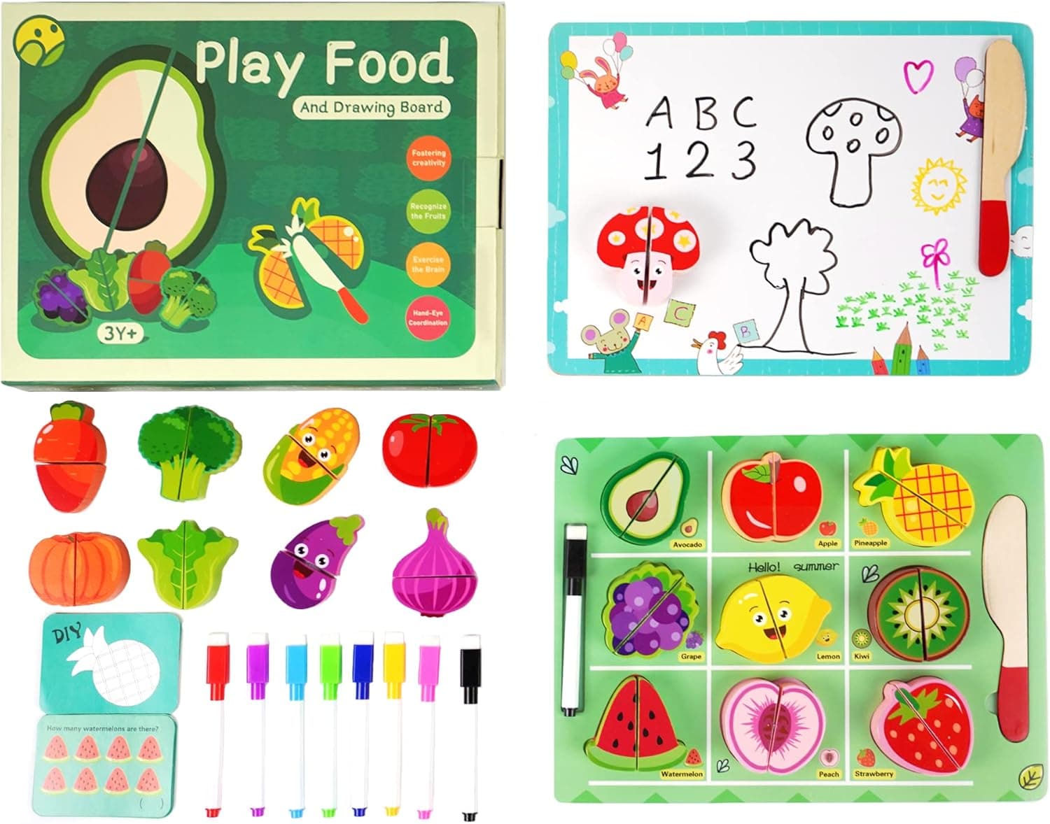 TOYOCEAN Play Food & Drawing Board for Toddlers, Wooden Vegetable & Fruit Puzzle for Kids, Montessori Toys for Girl Boy, Drawing Board with 8 Colored pens, Educational Learning Toy As Gifts